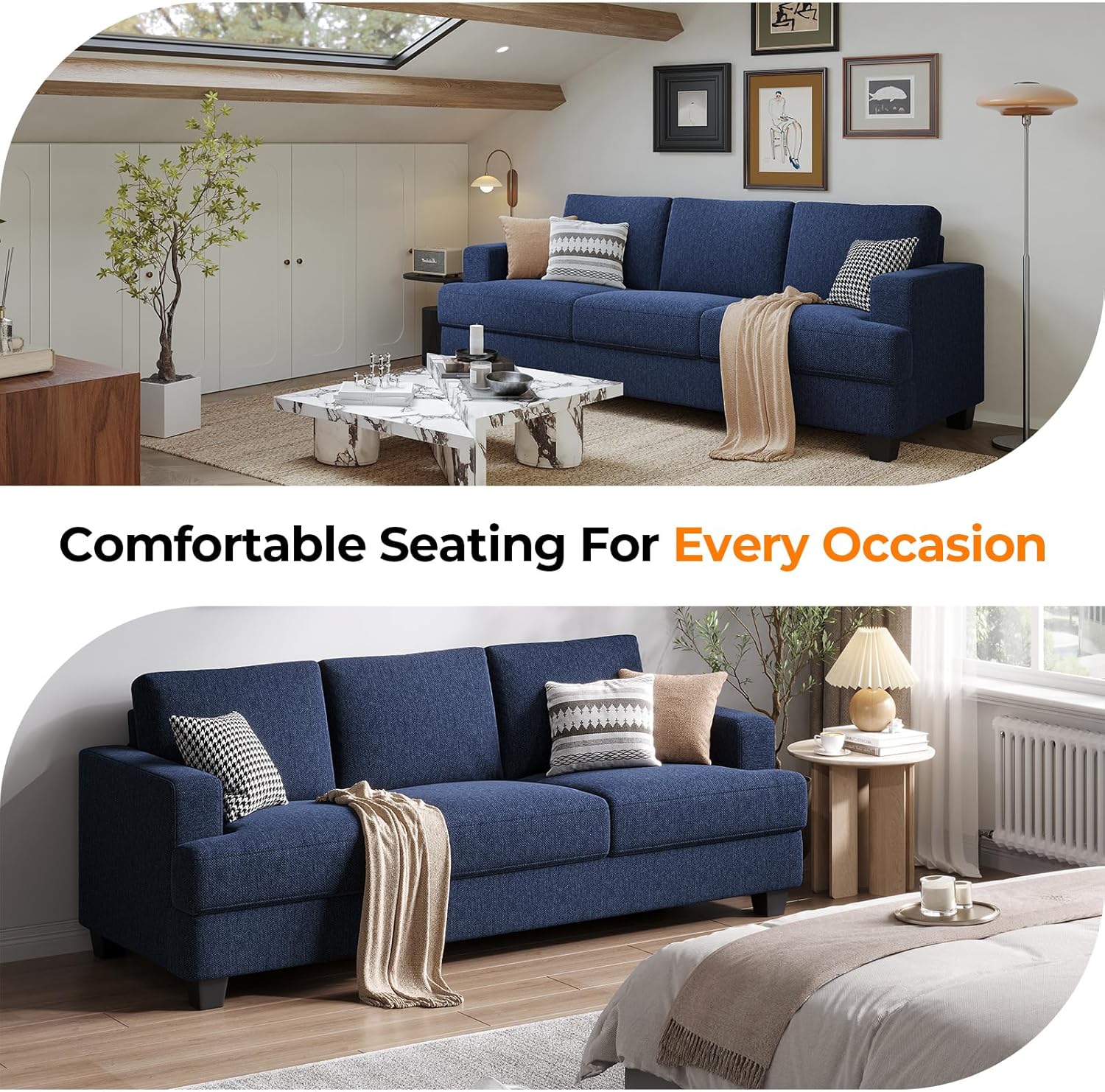 COPIAE 89 Inch Sofa with Extra Deep Seats Oversize, 3 Seater Sofa for Living Room,Modern Couch and Sofa, Comfy Armrests and Seats and Backrests, Easy Installation, Navy Blue