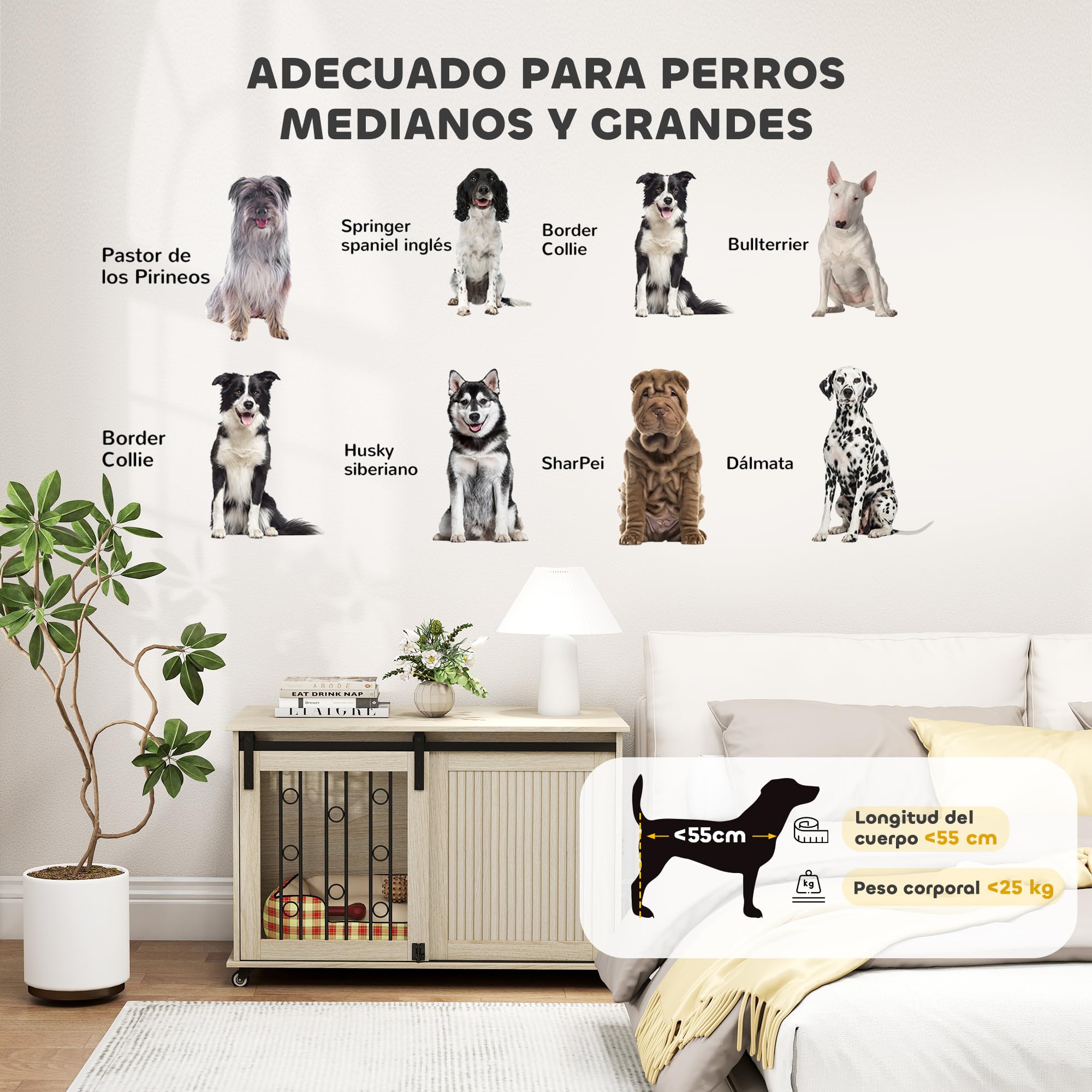 PawHut Jaula para Perros con Ruedas, Mesa Auxiliar, Casa para Mascotas Moderna con 2 Puertas y Cierre, para Perros Medianos y Grandes, 100x56x65 cm, Roble