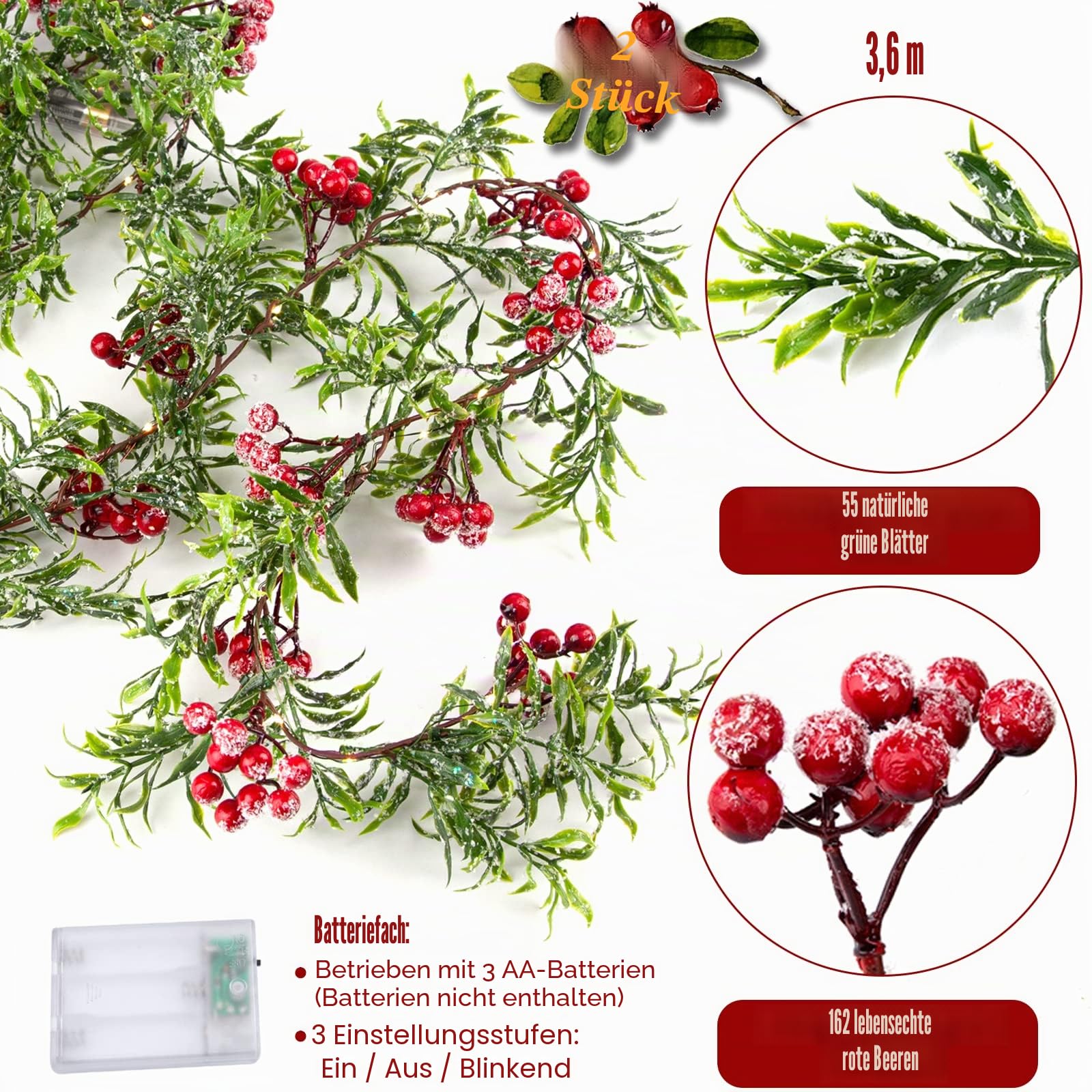 2 Pcs 5.9FT künstliche Weihnachten Girlande String Lichter mit 162 Snowy rote Beeren 55 grüne Blätter 20 LED-Lichter batteriebetrieben für Xmas Mantle Indoor Outdoor Holiday Weihnachtsdekoration
