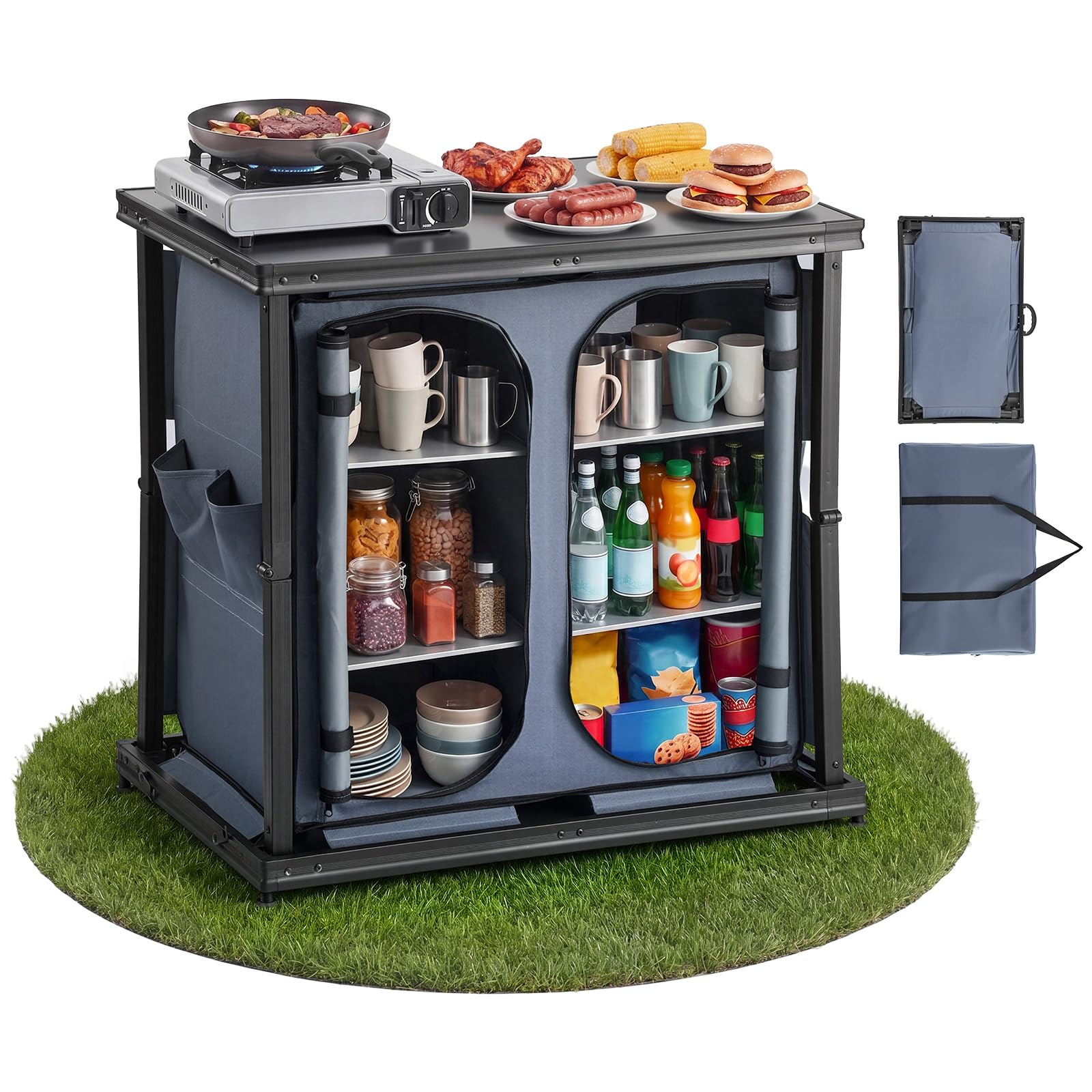 VEVOR Klappbare Campingküche, Tragbarer Campingschrank mit 6 Ablagefächern, Außentasche & MDF-Tischplatte bis 30 kg Tragkraft, Küchenstation für Picknick, Grillen, Partys, Camping & Wohnmobilreisen