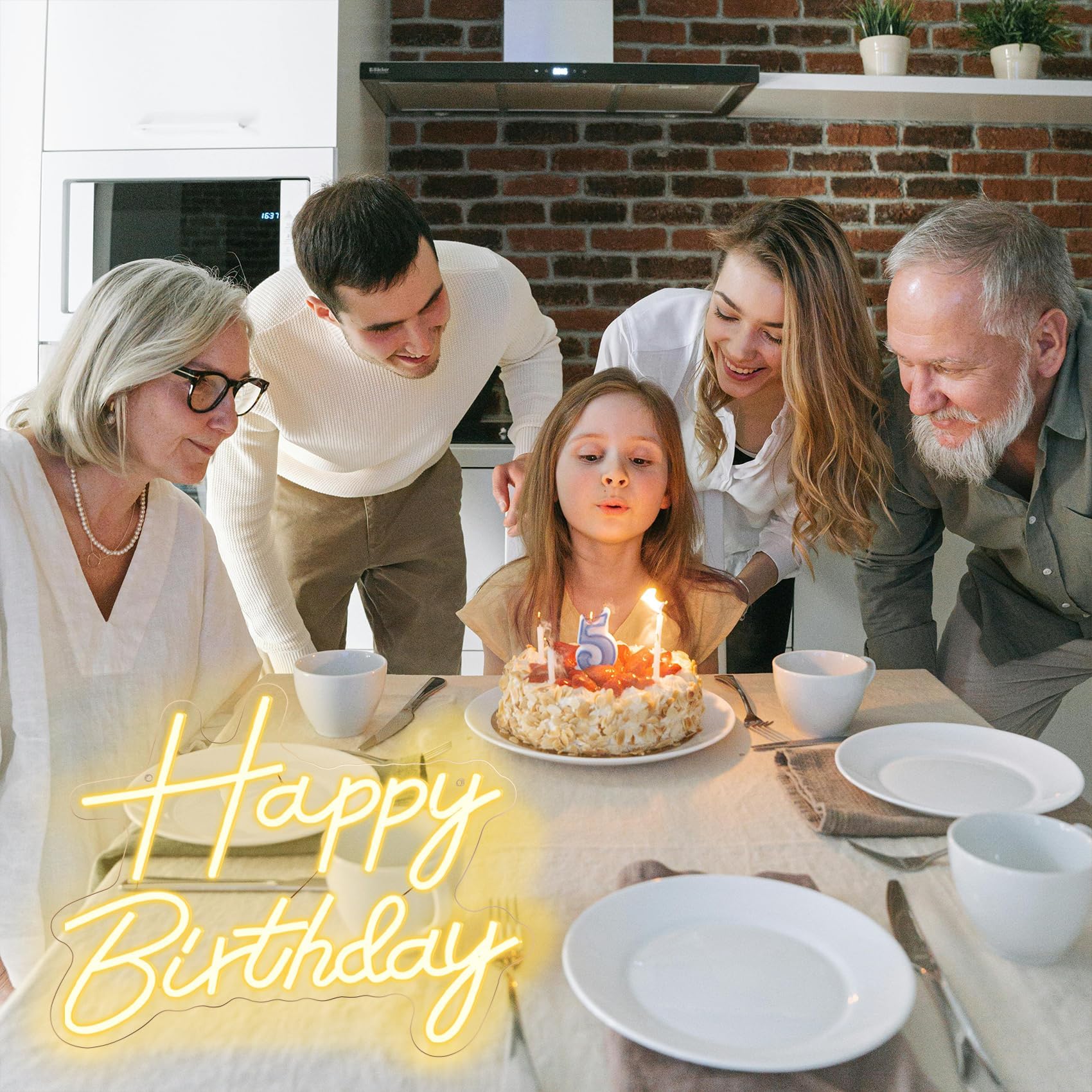 neonowy znak "Happy Birthday" na tle, podświetlany znak LED "Happy Birthday", zasilane przez USB, ściemniane światło neonowe na przyjęcie urodzinowe, dekoracja ścienna, ciepła biel