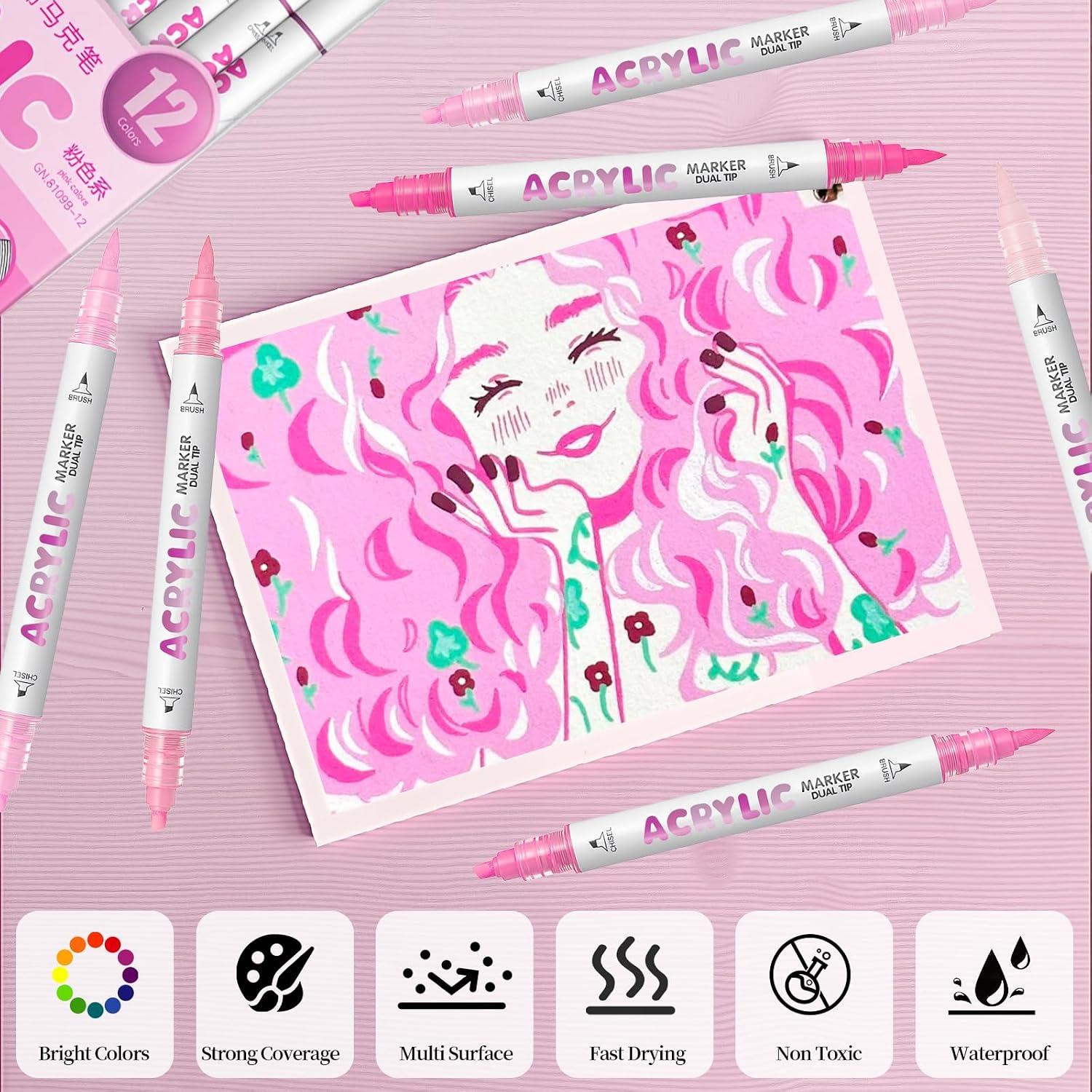 Pink Acrylic Paint Pens, Water Based 12 Colors Dual Tip Acrylic Paint Markers for Rock Painting Wood, Glass, Ceramic, Canvas, Fabric, Stone, DIY Crafts Making Art Supplies