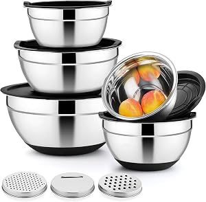 Mixing Bowls with Airtight Lids, HaSteeL 5 Pcs Stainless Steel Mixing Bowls with 3 Grater Attachments & Non-Slip Bottom, Nesting Salad Bowls for Kitchen Serving Storing prepping Cooking, Black