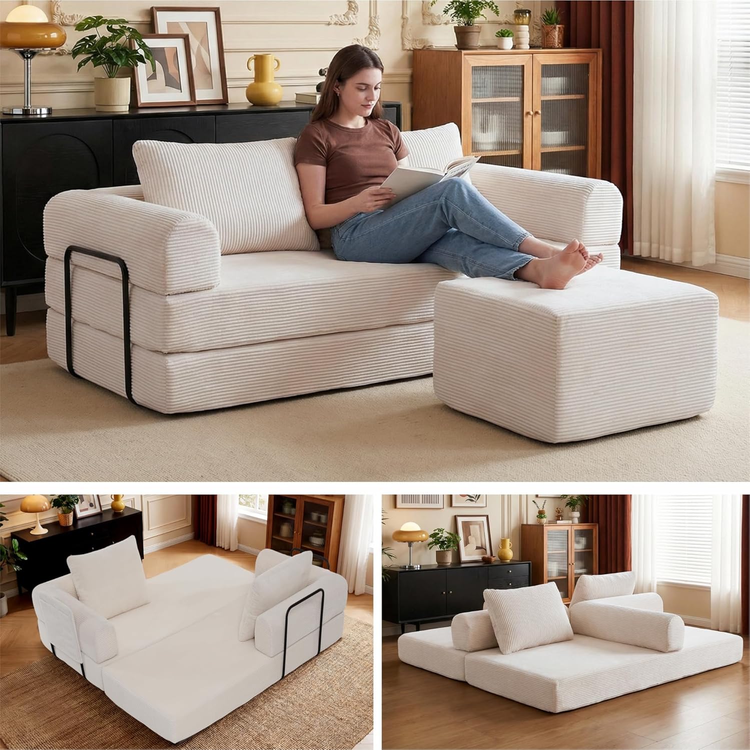 78" Convertible Corduroy Sofa Bed with Ottoman, 5-in-1 Folding Floor Mattress Couch, Corduroy Futon Couch with Storage Pocket, Sleeper Sofa for Living Room, Apartment (Beige)