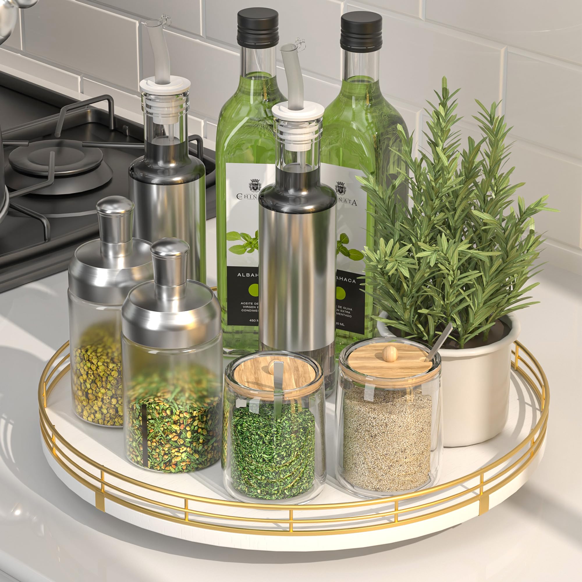 Photo 1 of 12" Wooden Lazy Susan Turntable for Cabinet – Round Rotating Spice Rack Organizer, White Kitchen Countertop Tray for Dining Table & Pantry Storage (White & Gold)