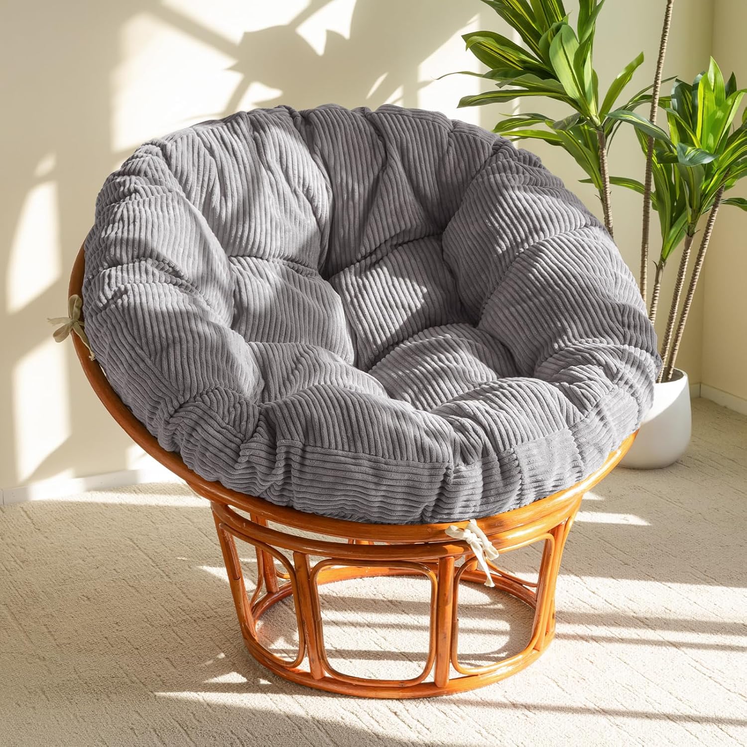 HIGOGOGO Papasan Chair Cushion with Corduroy Cover (Without Chair), 48 x 48 Inch Supportive Cushion, Overstuffed Chair Cushion,Grey