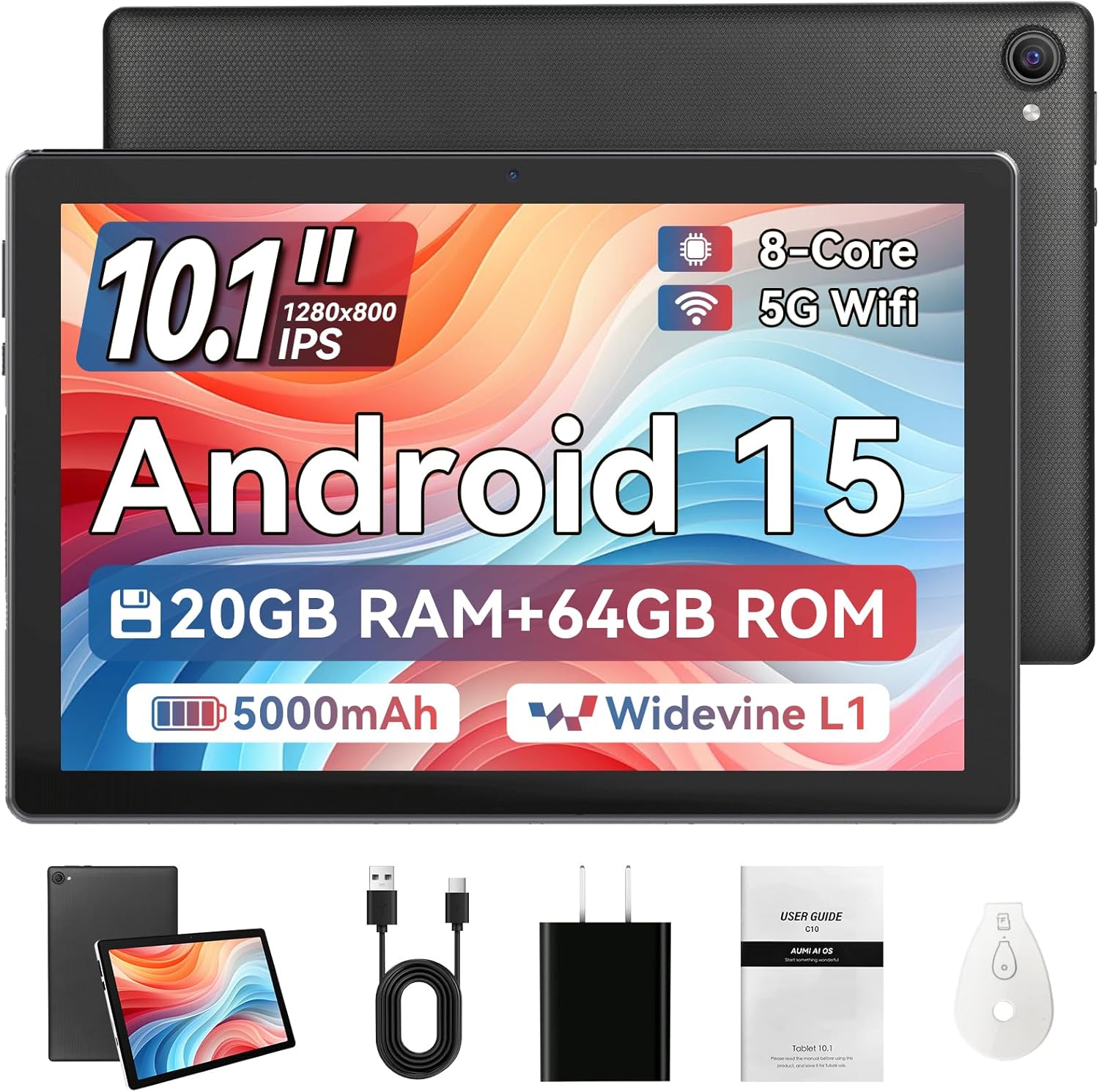 Jeazans Tablet, 10.1 Inch Android 15 Tablet with 20GB RAM 64GB ROM 1TB Expansion