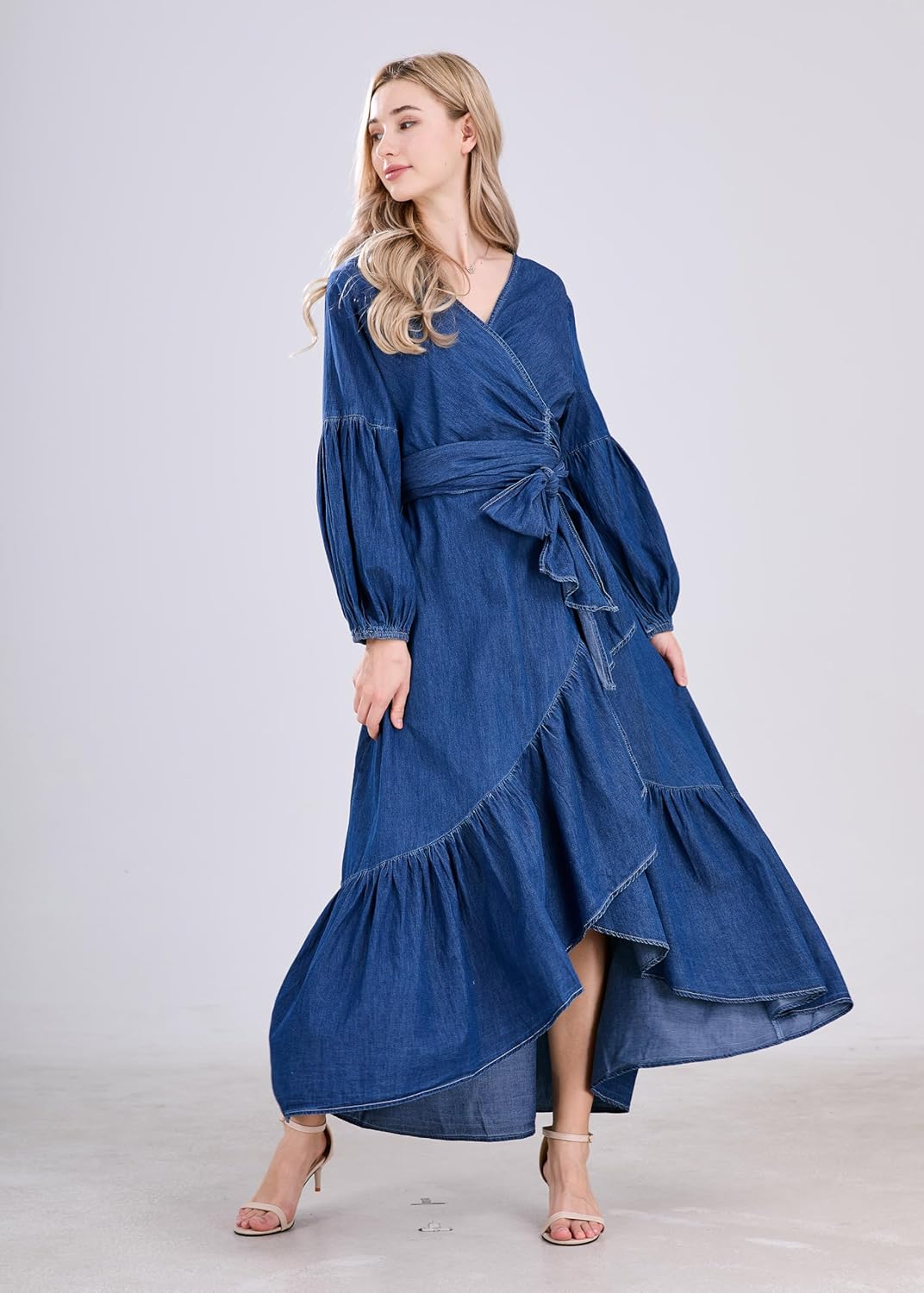 utcoco Womens Casual Belted Long Sleeve Denim Dress Wrapped V-Neck Ruffle Hem Maxi Denim Dresses for Women 2025 - Image 3