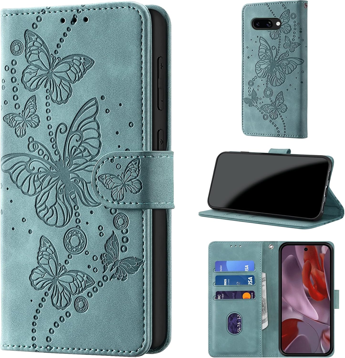 Mobile Phone Case for Google Pixel 9A Case Foldable Premium PU Leather Case Folding Case RFID Protection Card Slot Stand Function Leather Embossing Protective Flip Case Cover Light Green