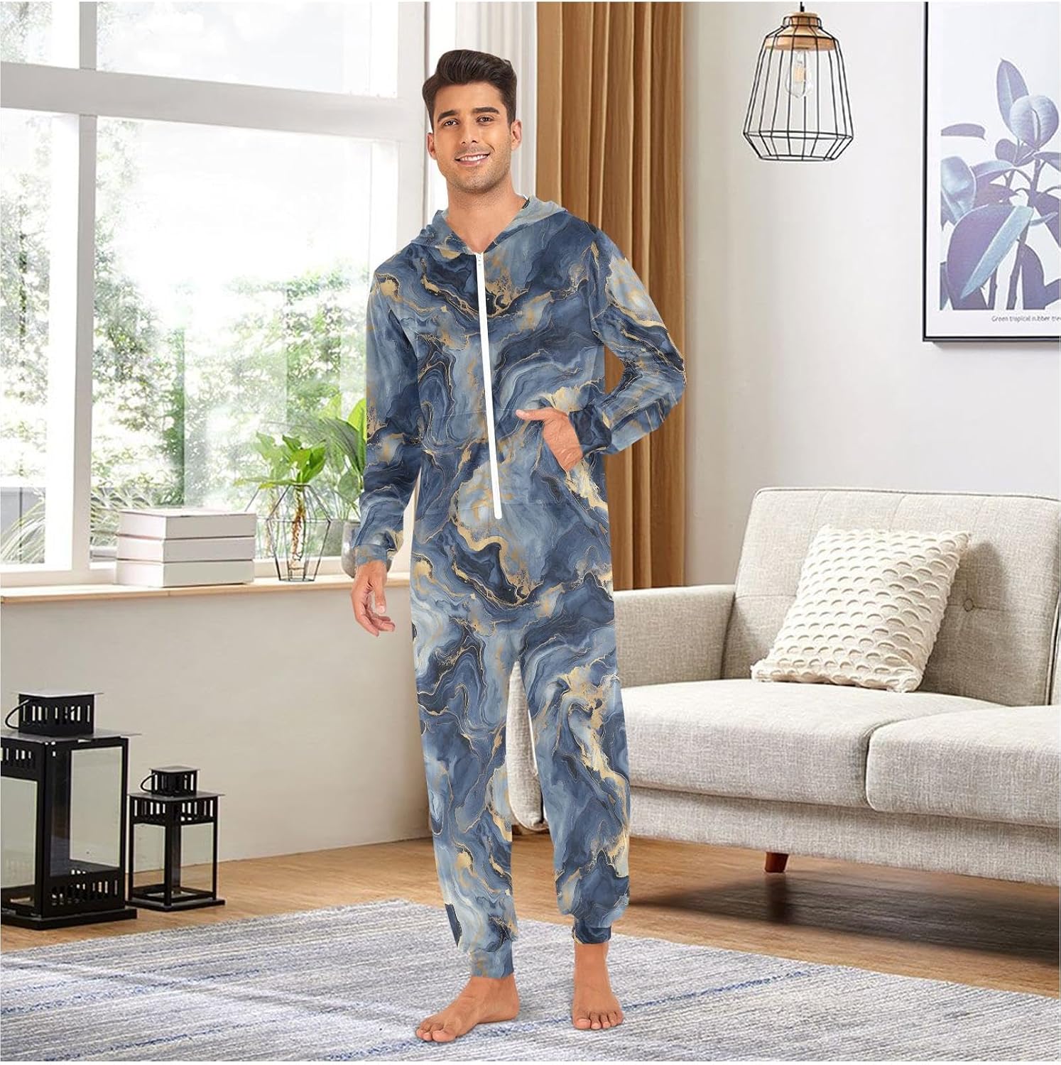 ZZKKO Modern Blue Gold Marble Texture Adult Onesie Pajamas for Women Men Cozy One Piece Pajamas Costume Zip-Up Hooded S-XL