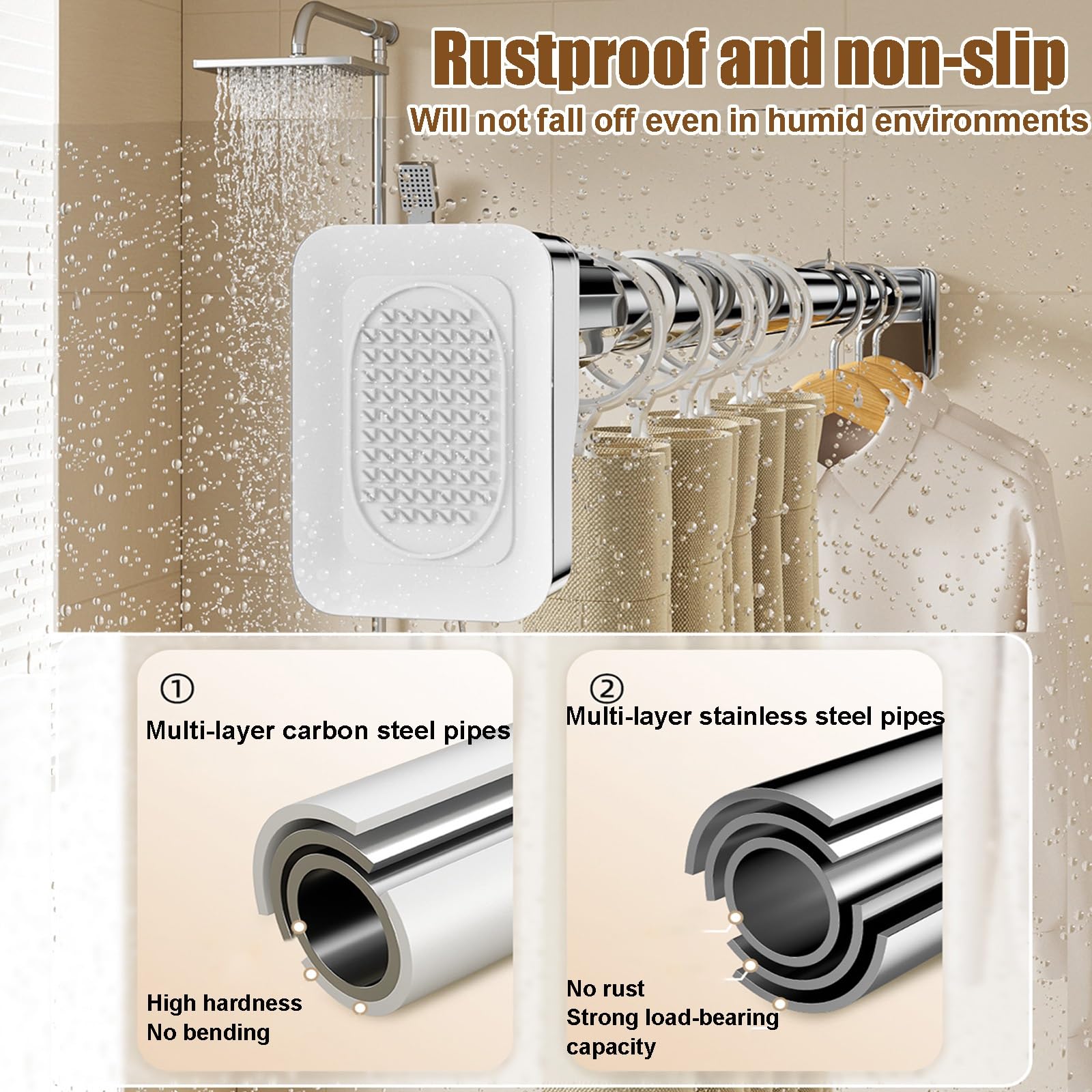 Tringle à rideau réglable en acier inoxydable - 40 à 500 cm - Sans perçage - Pour salle de bain et pavillon de jardin - Pour salle de bain et pavillon de jardin (SUS 210-300 cm)
