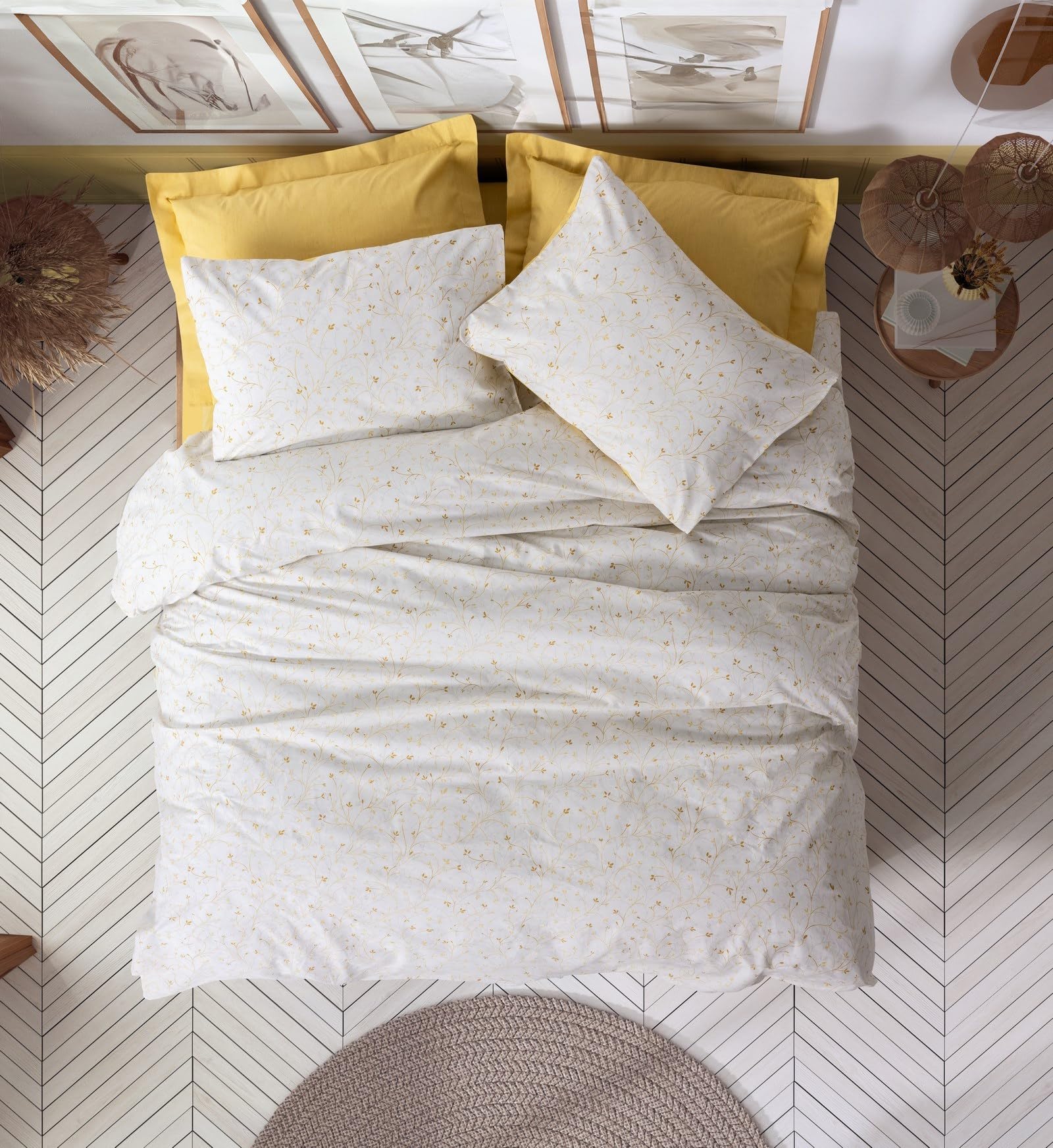 Nuit Des Rêves Mustard Ranforce Single Quilt Cover Set, 135 x 200 cm Duvet & 80 x 80 cm Pillowcase, 100% Cotton, Pigment Printed, Machine Washable, Button Closure
