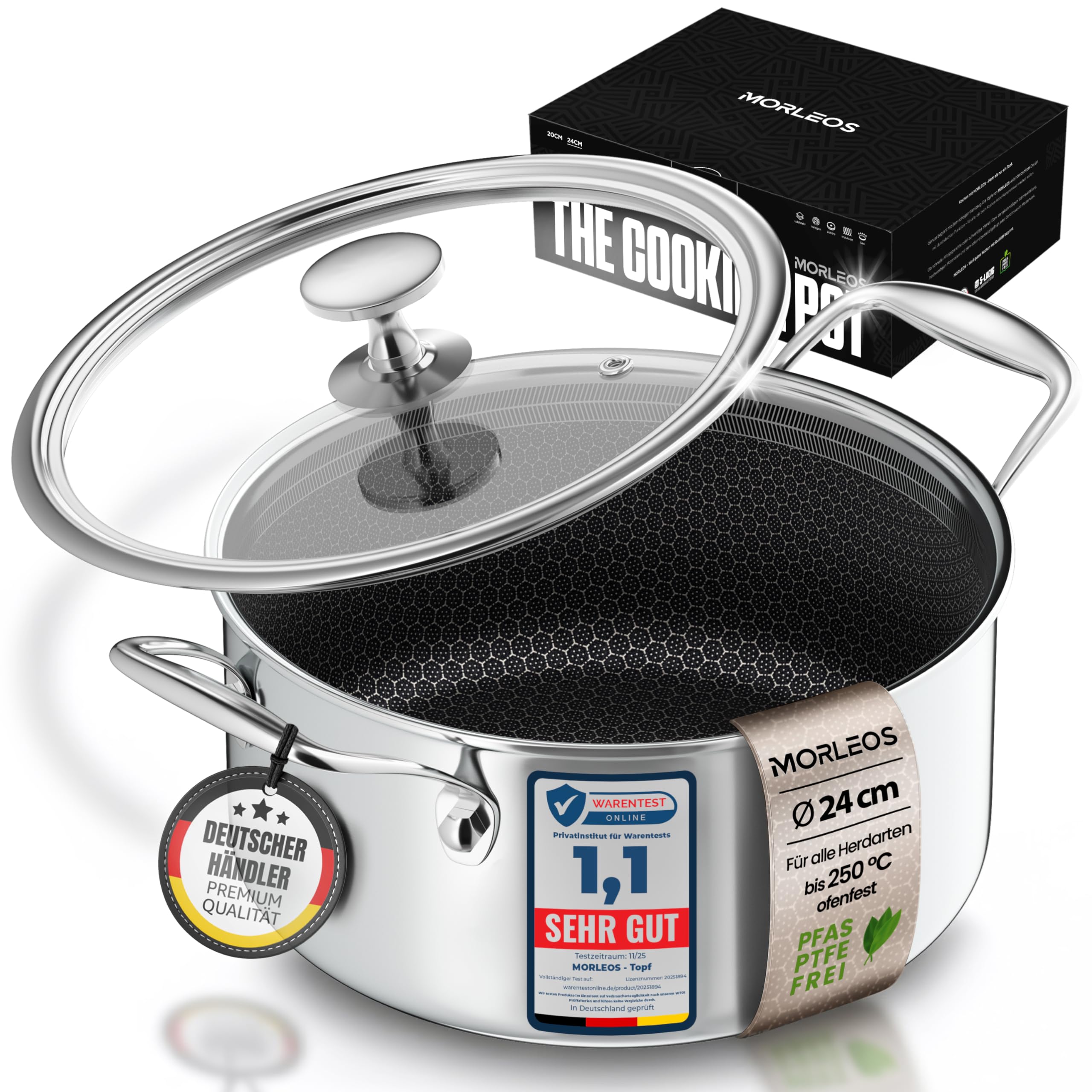 Schmortopf kratzfeste Antihaft-Waben-Keramikbeschichtung - 4,7 Liter, Ø 24×12 cm, 2,3 kg - modernen flachen Glasdeckel energiesparender 5-Schicht-Kochtopf - induktionsgeeignet