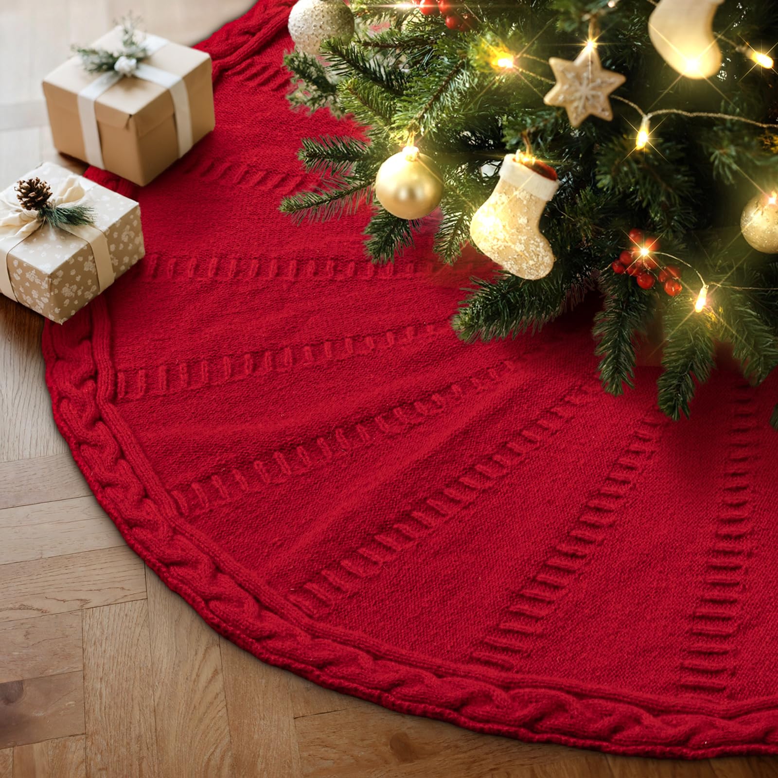 Lanpn Knitted Christmas Tree Skirt 150cm, Cable Knit Xmas Tree Skirt Rustic Christmas Tree Mat for Extra Large Artificial Trees Farmhouse Winter Home Party Holiday Indoor Xmas Decor (Red, 60 inch)