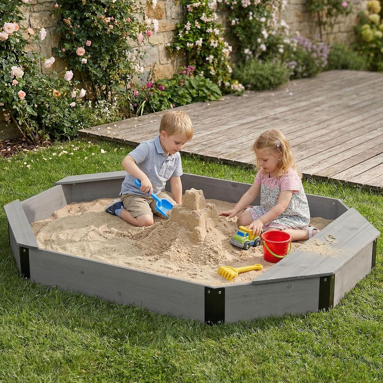 Outdoor Octagon Sandbox for Kids, Large Wooden Sand Box for Kids, Sandbox with Cover & Storage, Liner, for Backyard, Patio, Outdoor Play, 3 Reinforced Benches (Grey)