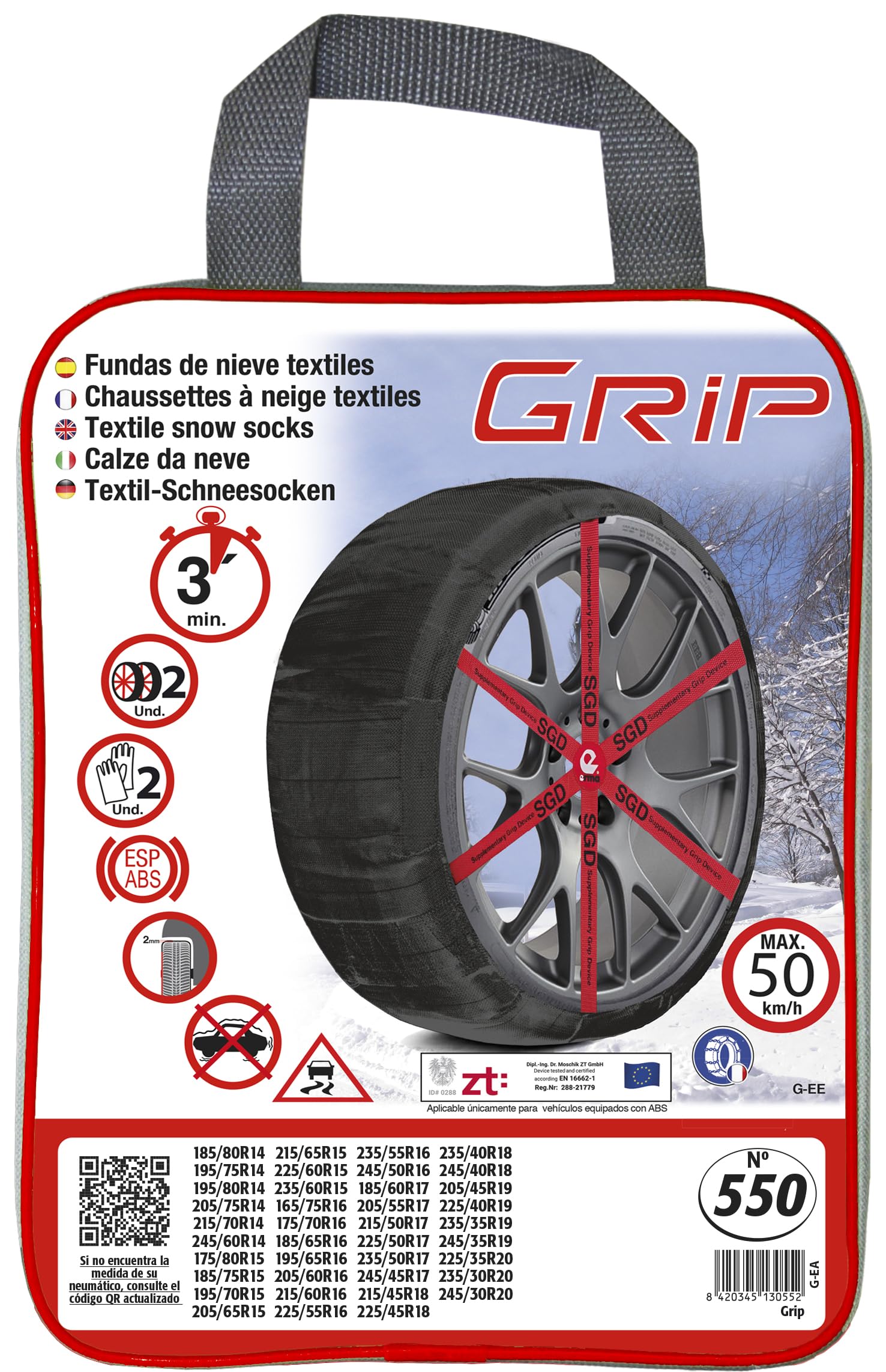 Grip Catene da Neve Tessile, Taglia N. 550, Set 2 PZ,Guanti Inclusi
