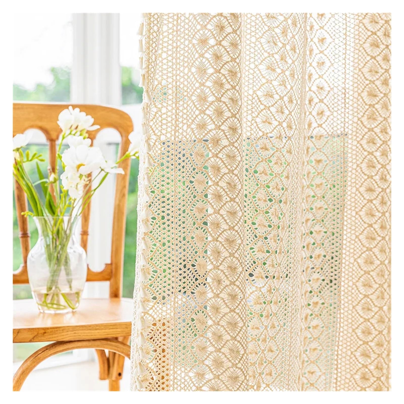 Rideau dentelle en coton tricoté beige style rustique 150x220cm