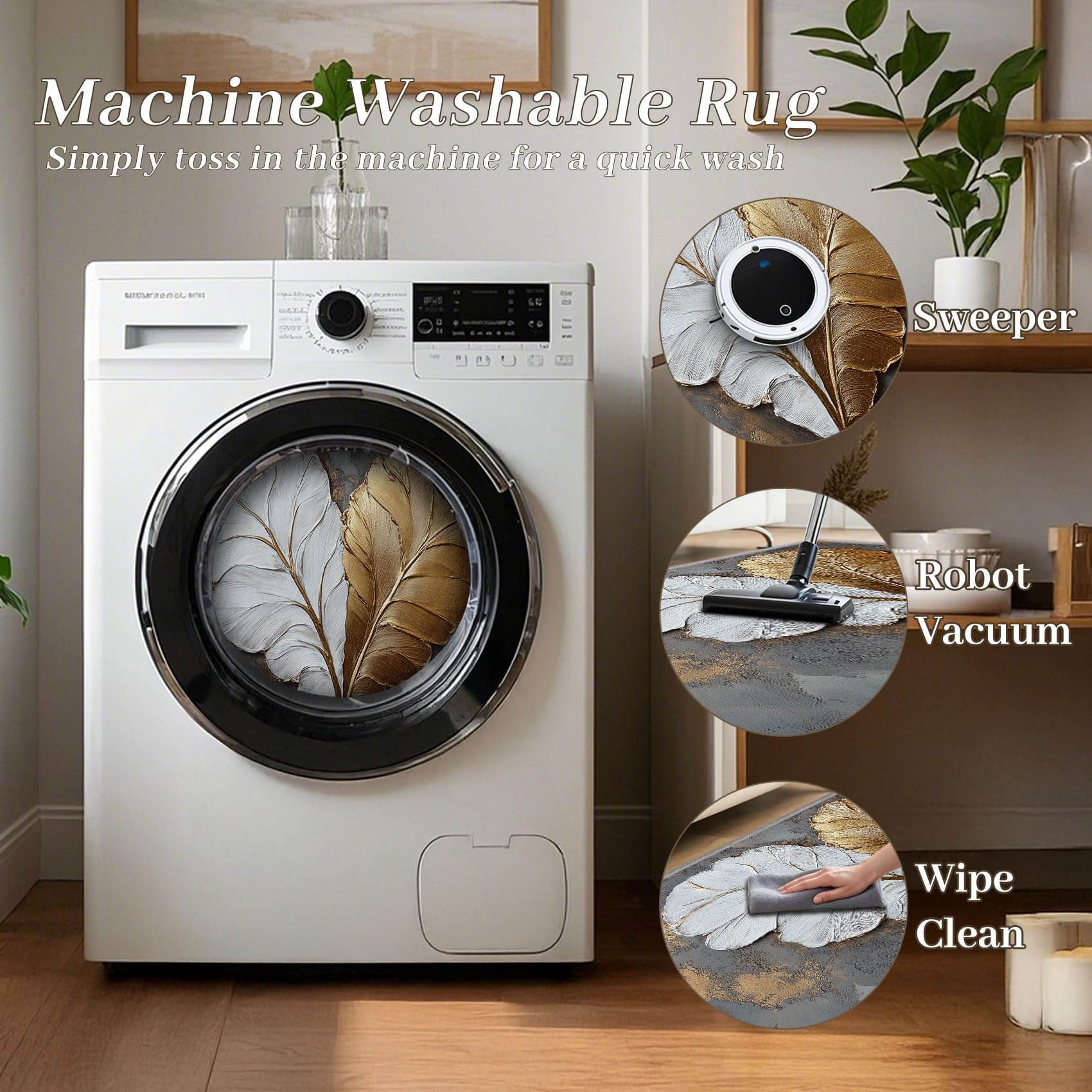 3D Effekt Teppich Waschbar, Modern Luxus Blatt Teppich 80x150 cm, Herzn Kunst rutschfest Waschbar Pflegeleicht Teppiche Für Schlafzimmer Küche, Grau Weiß Gold
