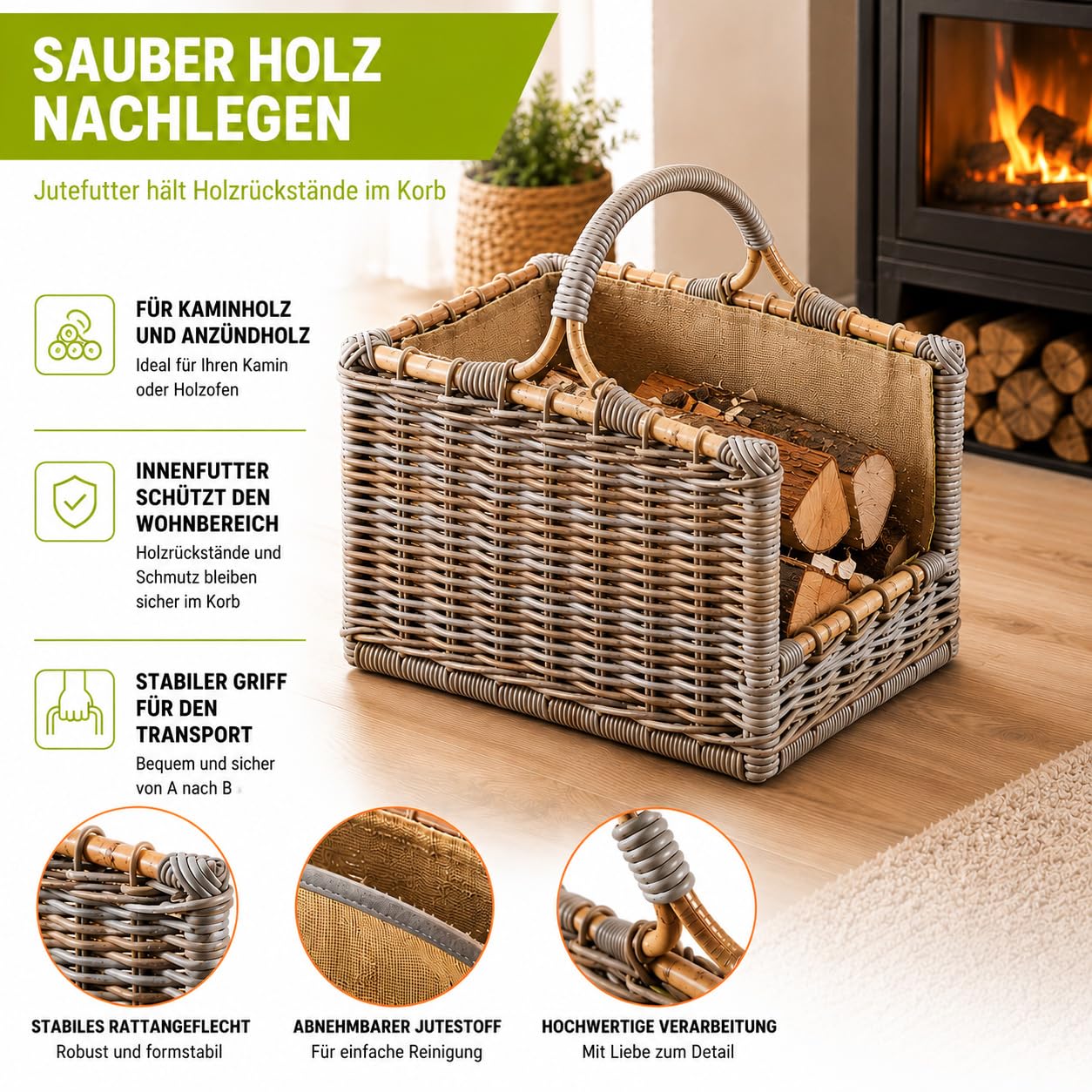 Kobolo Holztrage aus Rattan | 50x38x47 cm | grau | stabiler Kaminholzkorb mit Griff & Stoffeinsatz | robuster Holzkorb geflochten für Brennholz, Kaminholz & Feuerholz | dekorative Holzaufbewahrung