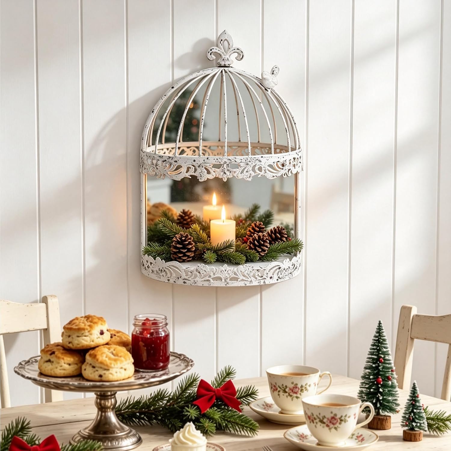 Vintage Wall Candle Sconces, Rustic White Mirrored Wall-Mounted Candle Holder - Elegant Birdcage Metal Candlestick Holder for Living Room Bedroom Vanity Entryway Decor