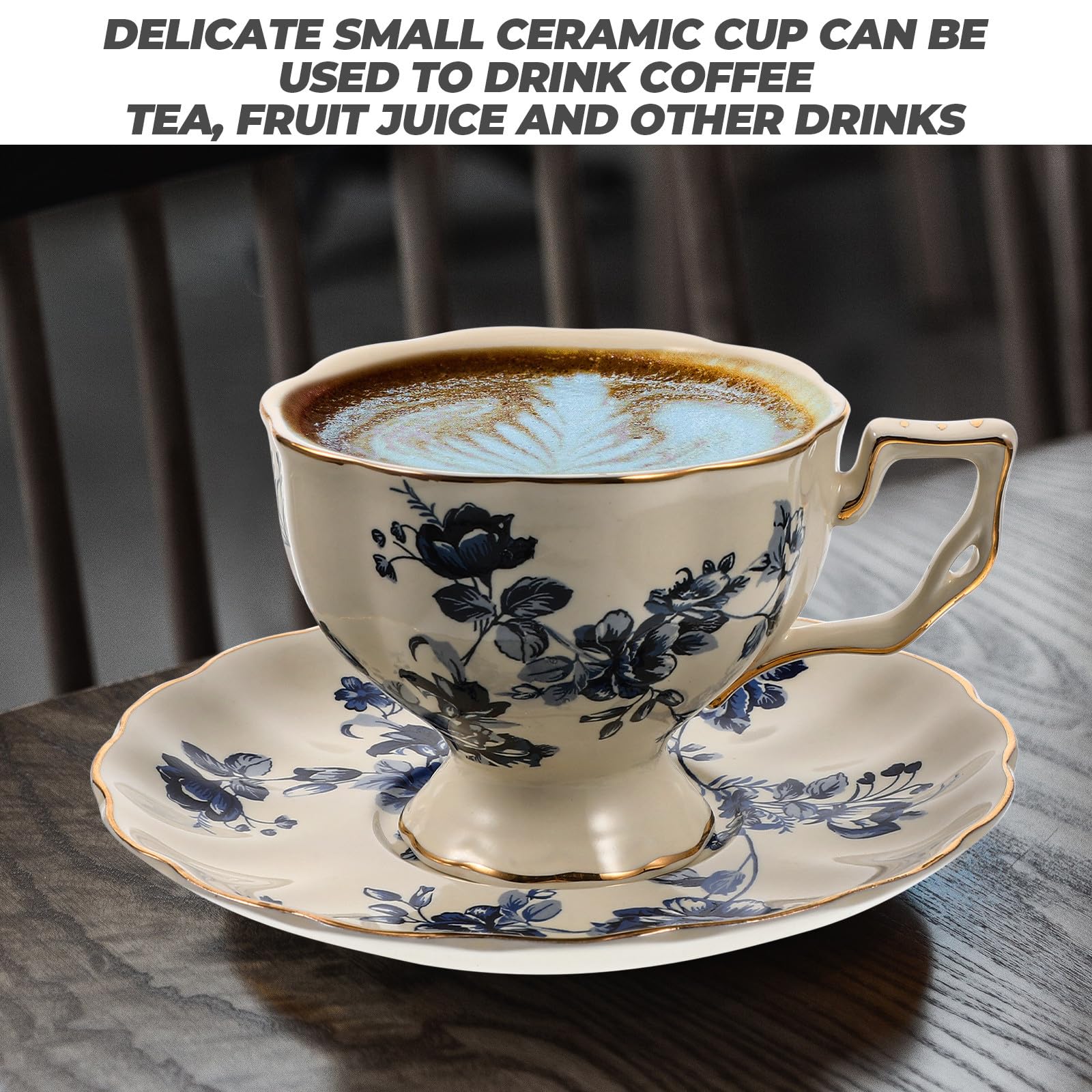 Beavorty Vintage Keramiktasse mit Unterteller Milchtasse und Wasserbecher Blaues Florales Muster 1 Satz für Frühstück und Kaffeepause