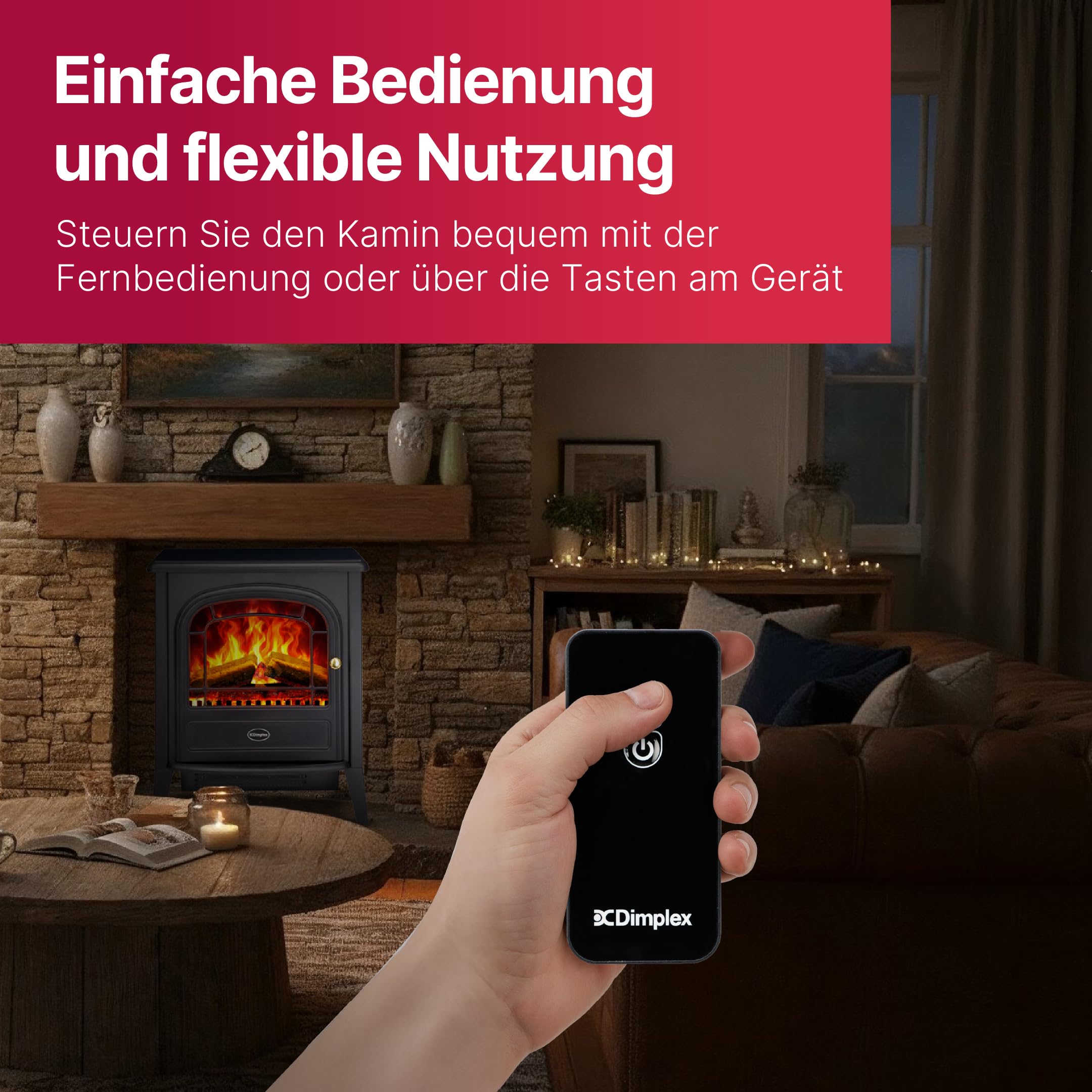 Dimplex Club Elektrokamin - Freistehender Elektrischer Kamin mit Holzscheit- Glutbett und Optiflame LED-Flammeneffekt - Zuschaltbarer 2kW Heizlüfter - Inklusive Fernbedienung