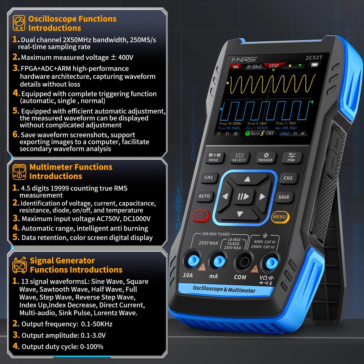 2C53T Oscilloscope numérique handheld 50MHz 250MS/s, multimètre, générateur de signaux 3 en 1, canal double, outils automobiles (2C53T (Standard))