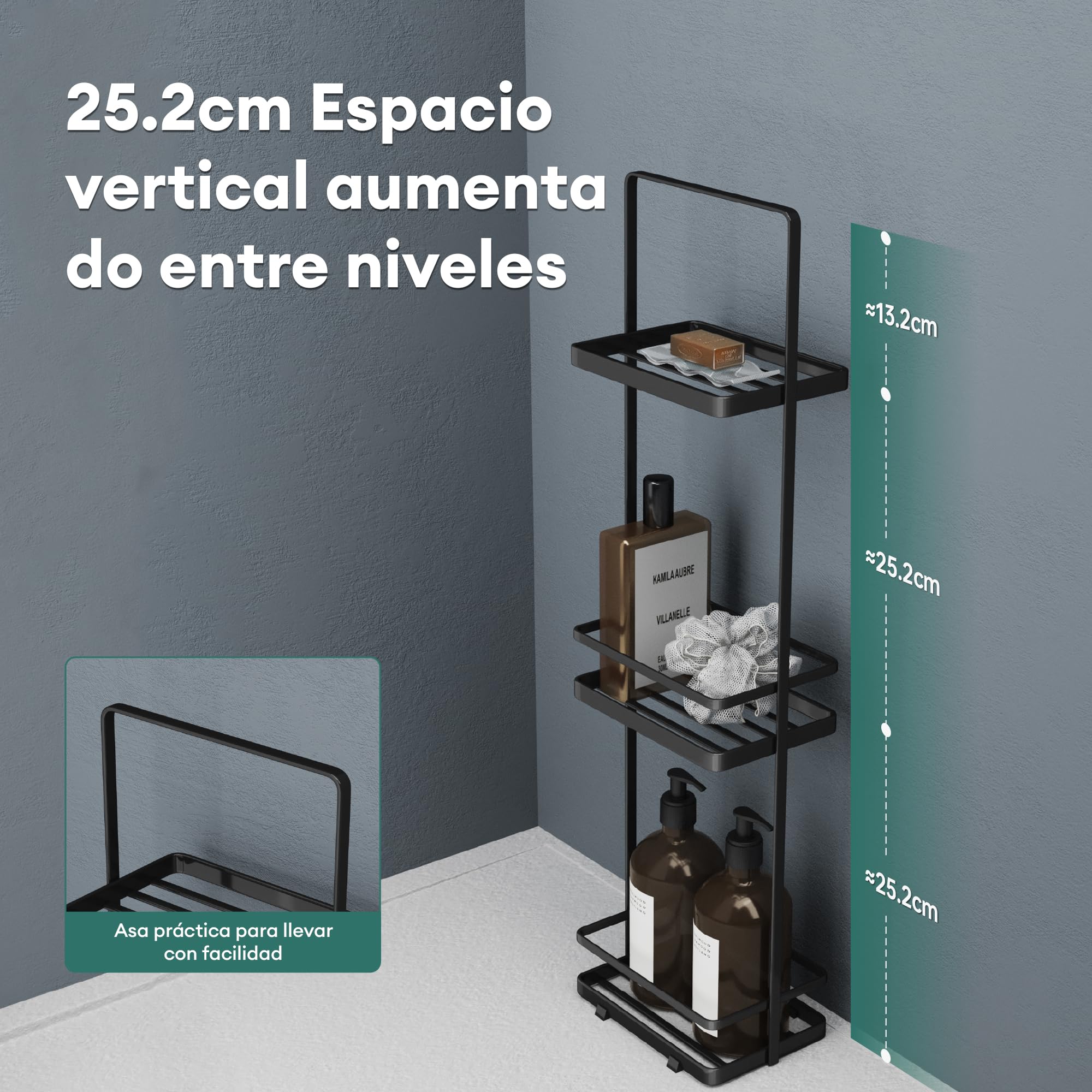 Mai & Mai Estante de Baño de Pie con 3 Niveles, Espacio Amplio para Almacenaje, Asa Práctica, Drenaje Rápido, de Acero Carbono y Base Antideslizante, Ideal para Baño y Bañera, Negro,Reglo-02 | Reglo-02 - Estantería de pie para baño (18 x 12,5 x 67,3 cm, m