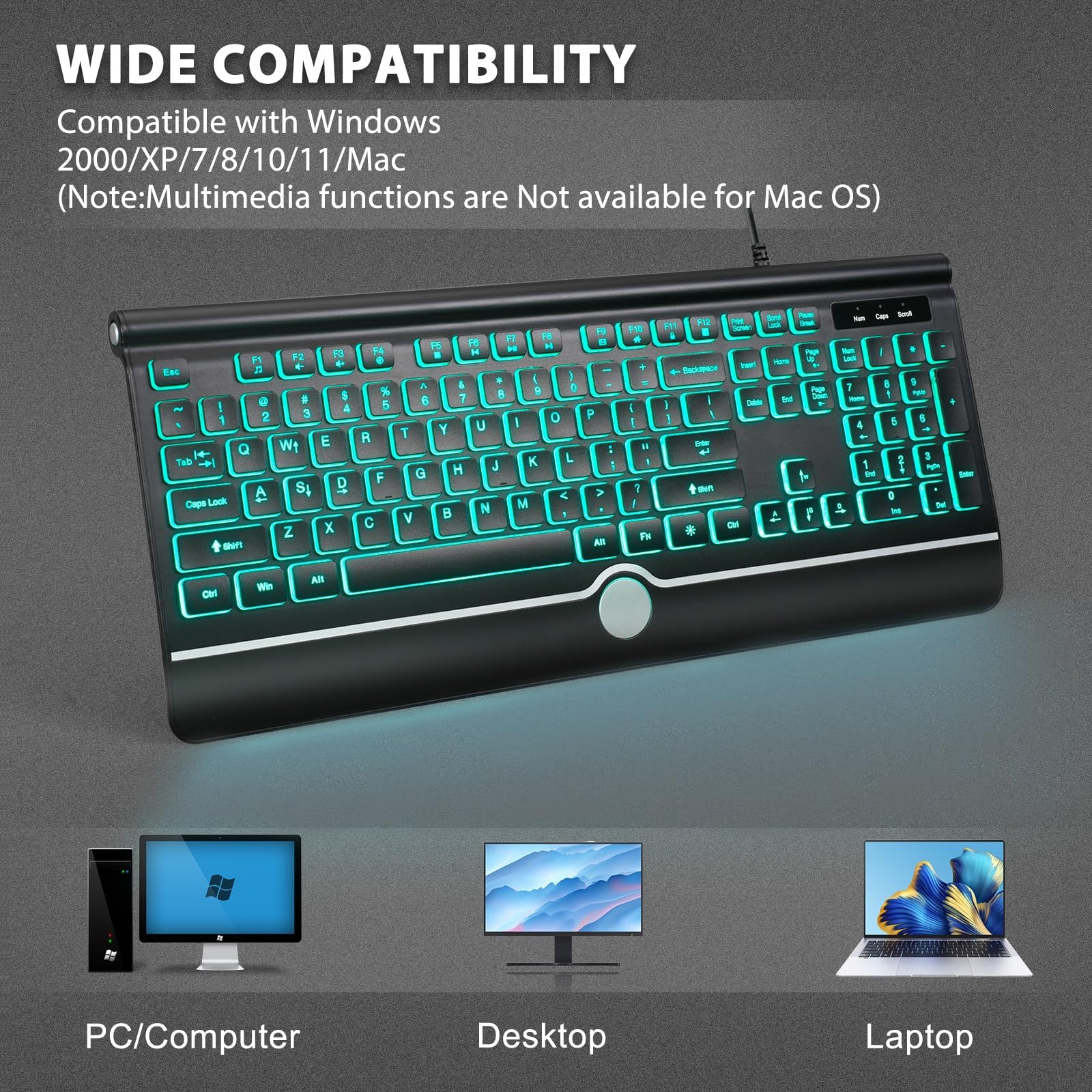 Computer-Tastaturen mit Hintergrundbeleuchtung, kabelgebundene beleuchtete Tastaturen mit 7-farbiger Hintergrundbeleuchtung, Handgelenkauflage, beleuchtete Tastatur, leicht zu sehen und zu