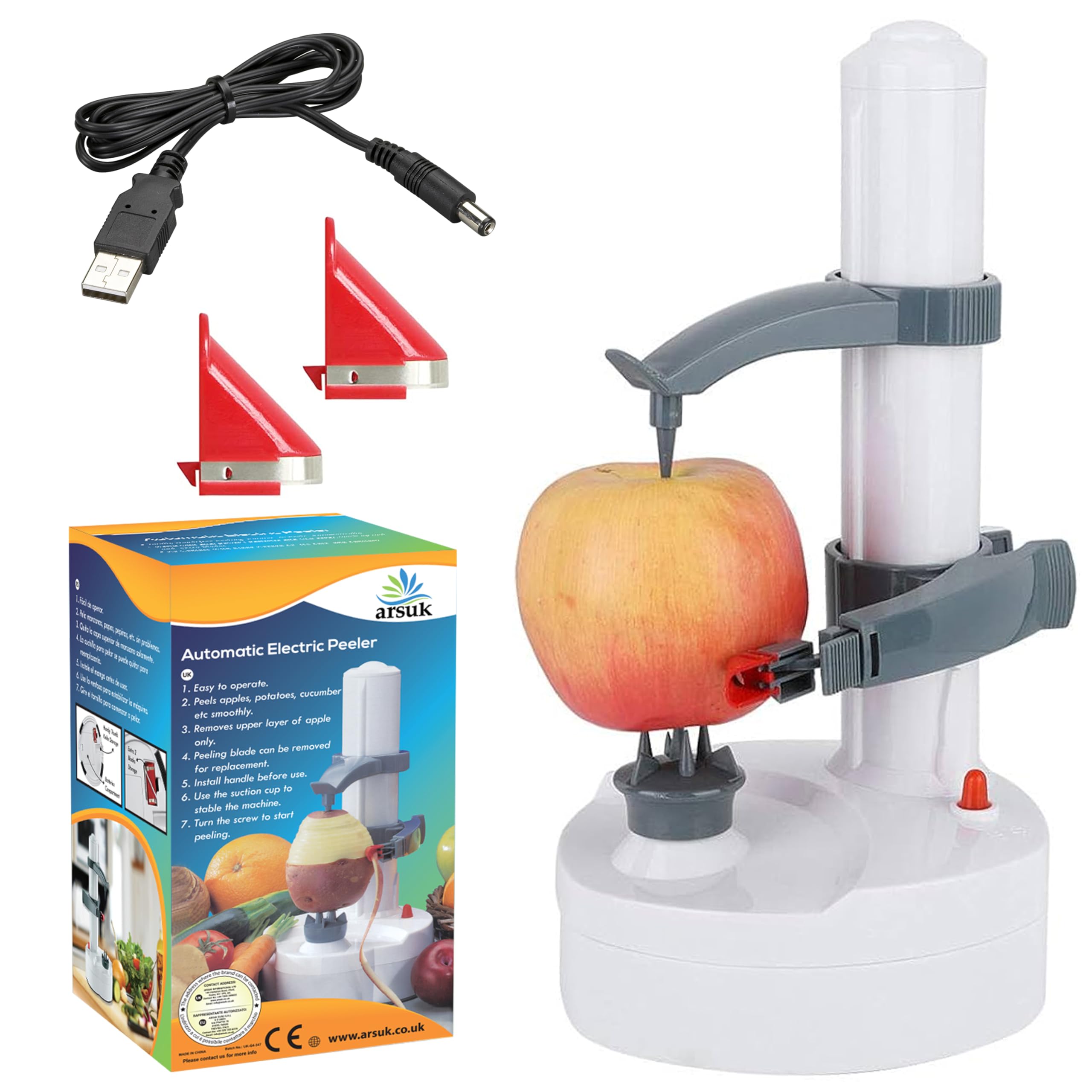 ARSUK Electric Potato Peelers - Automatic Rotating Peeler Machine, 3 Replacement Blades, 1 Knife and a Power Cord, Kitchen Peeling Tool (White)