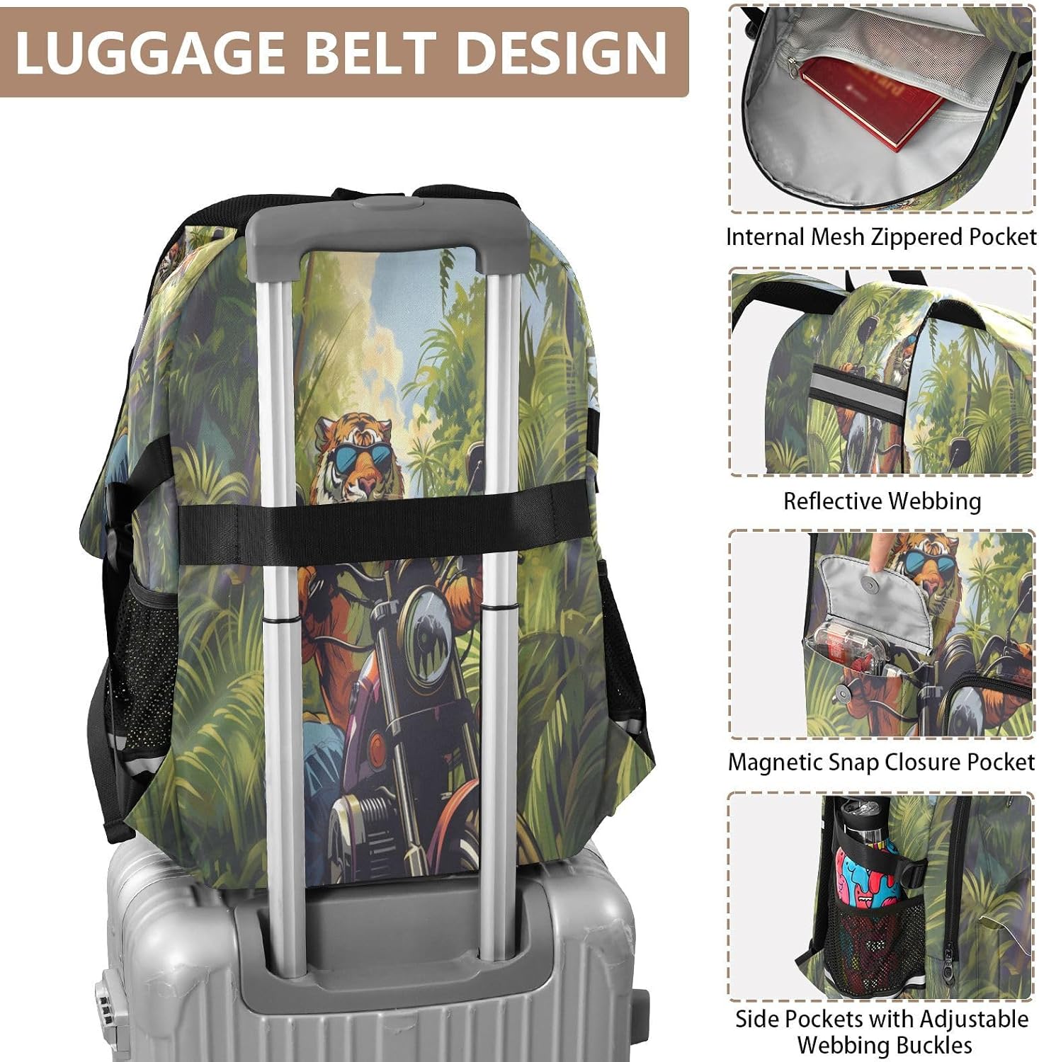 ALAZA Cool Tiger Motorcycle Backpack Travel Laptop Backpack for Women Men School College Bookbag Casual Daypack Mulitiple Pockets image 4