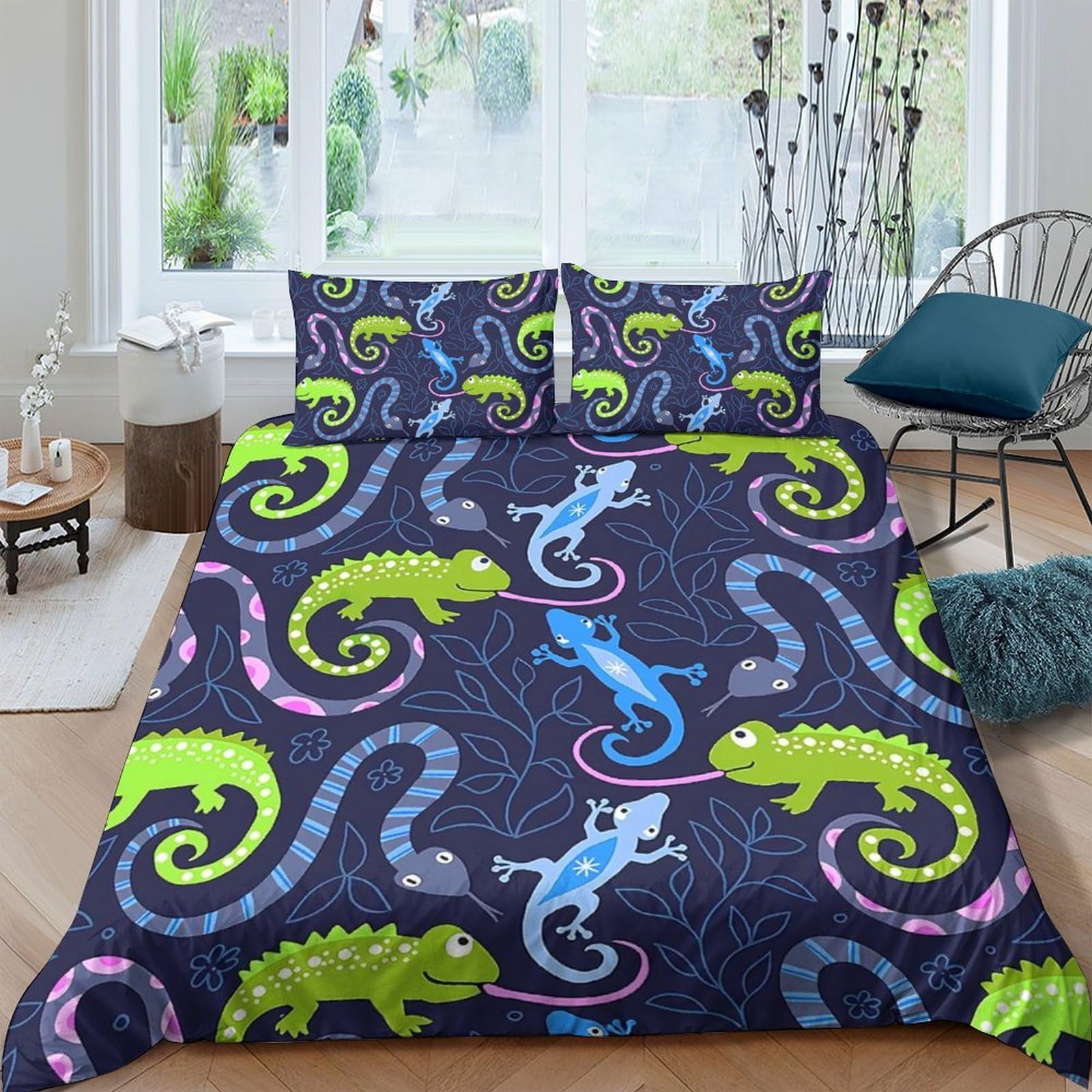 GPLZQXKJNH 3D Printed Colorful Lizard Duvet Cover Set Microfiber Breathable Geometric Reptile Bedding Set with 2 Pillowcases for Bedroom Decor Single（135x200cm）