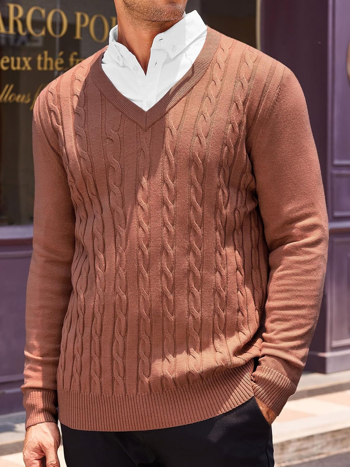 Runcati Mens V Neck Sweater Cable Knit Long Sleeve Casual Ribbed Twisted Pullover Sweaters - Image 2