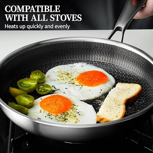 Miniatura 4 de Sartén de acero inoxidable con tapa, sartén antiadherente de 9.5 pulgadas con tapa, sartén de acero inoxidable con panal de abeja, sartén de chef