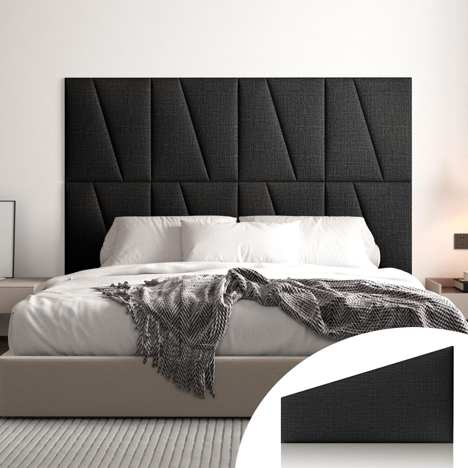 Photo 1 of peaudny Fabric Upholstered Wall Mounted Headboard for King Bed Panels: Stick-On Headboard in Matte Black - Soundproof Padding for Bedroom & Living Room (8 Panels)