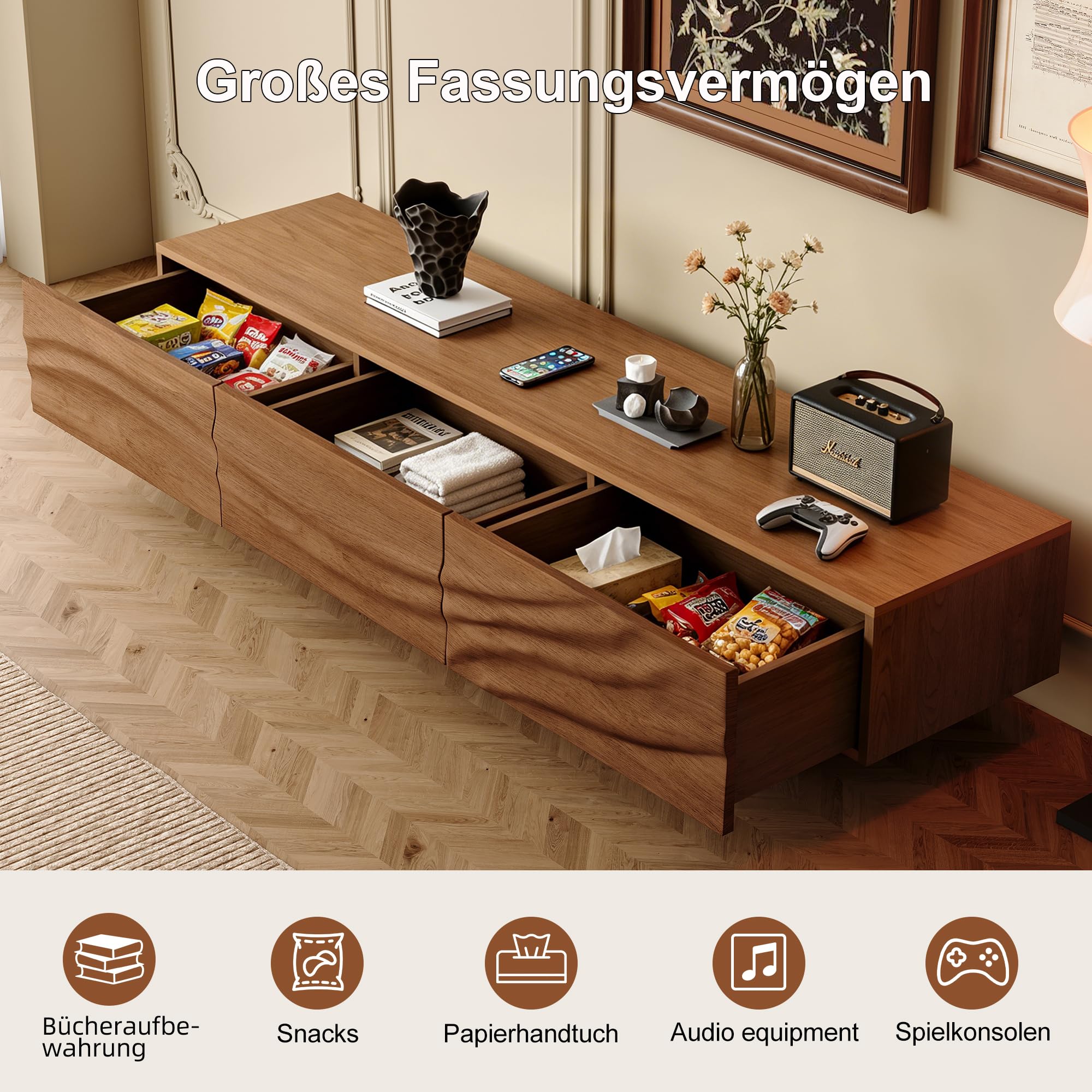 KAANAA TV-Schrank 210 cm, TV Lowboard für TVs ab 75 Zoll, Nussoptik | 210 cm Breite, Für TVs ab 75 Zoll, 3 Schubladen, Offene Fächer, Wellenfront, Nussoptik, Mid-Century Design