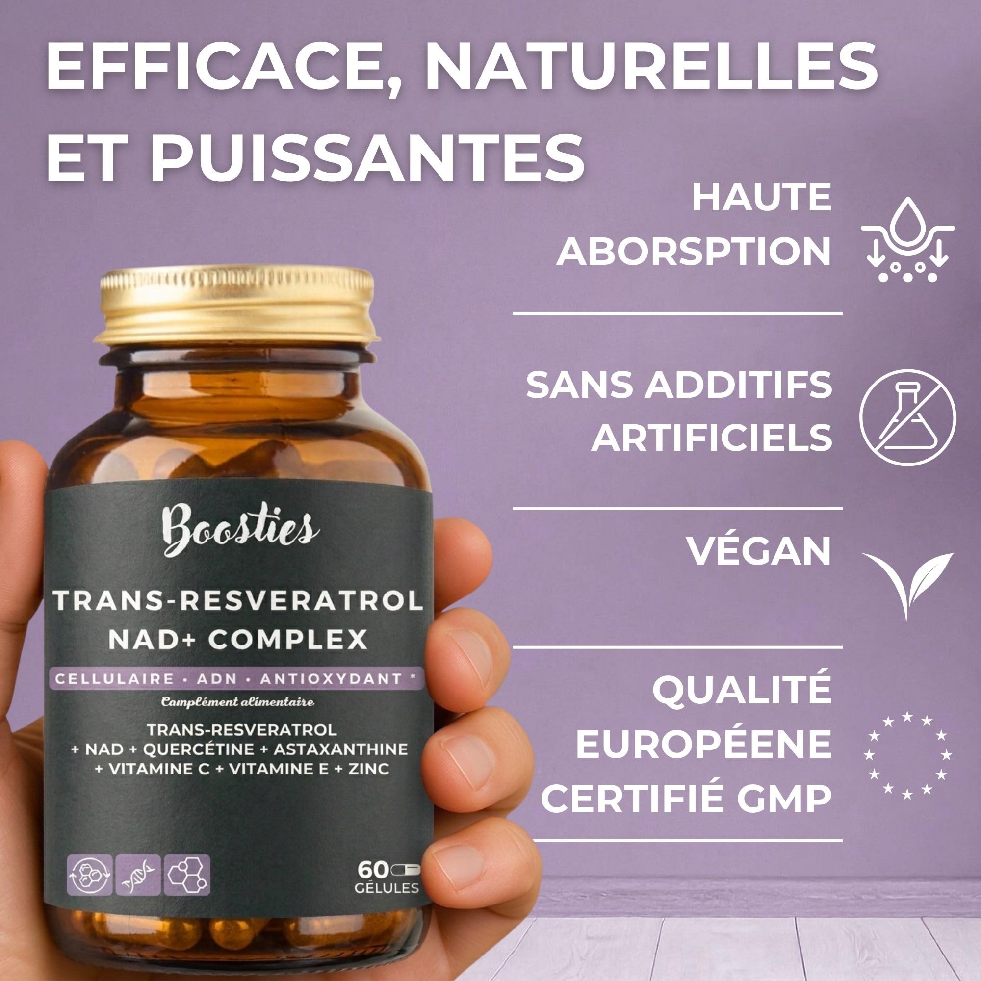 Trans-Resvératrol (98%) 500 mg & NAD+ Complex – avec Quercétine, Astaxanthine, Vitamines C, E & Zinc – Anti-Âge, Bouclier Antioxydant, ADN & Vitalité – Sans stéarate magnésium – 60 gélules