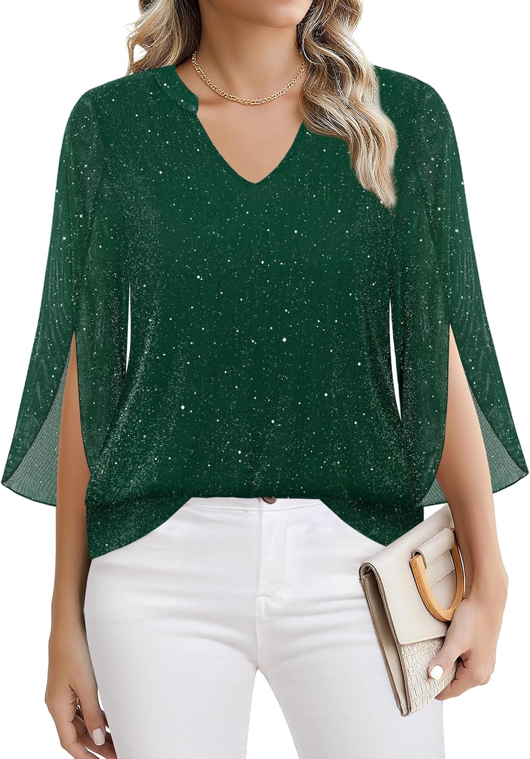 Tencole Womens 3/4 Ruffle Sleeve Sparkly Tops Sequin V Neck Blouses Dressy Casual Fall Shirts - Image 3