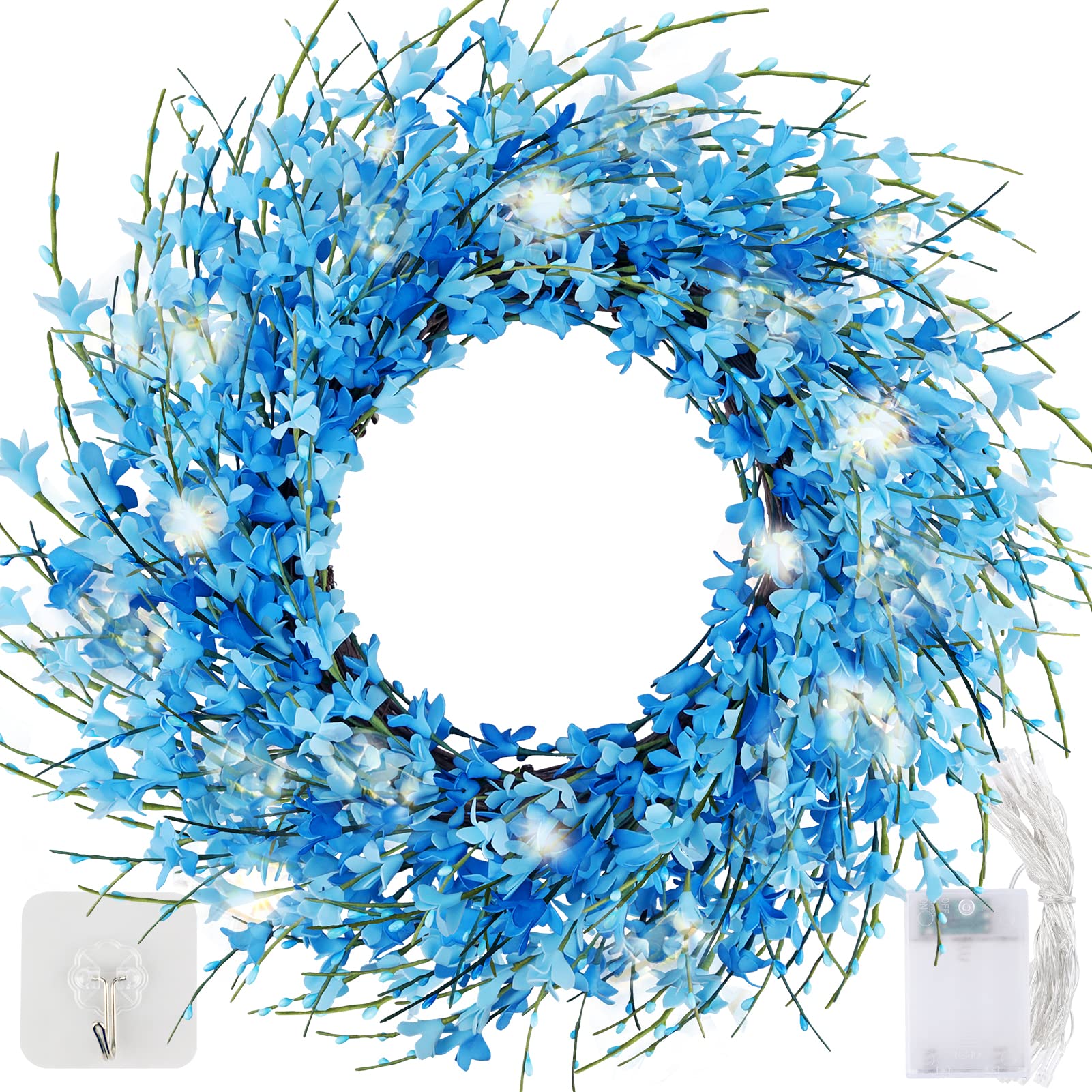 22 Inches Artificial Blue Forsythia Wreath, Natural Vine Wreath, Spring/Summer Front Door Wreath with Hook and Light String, for Wedding Window Home Wall Indoor Front Door Decor