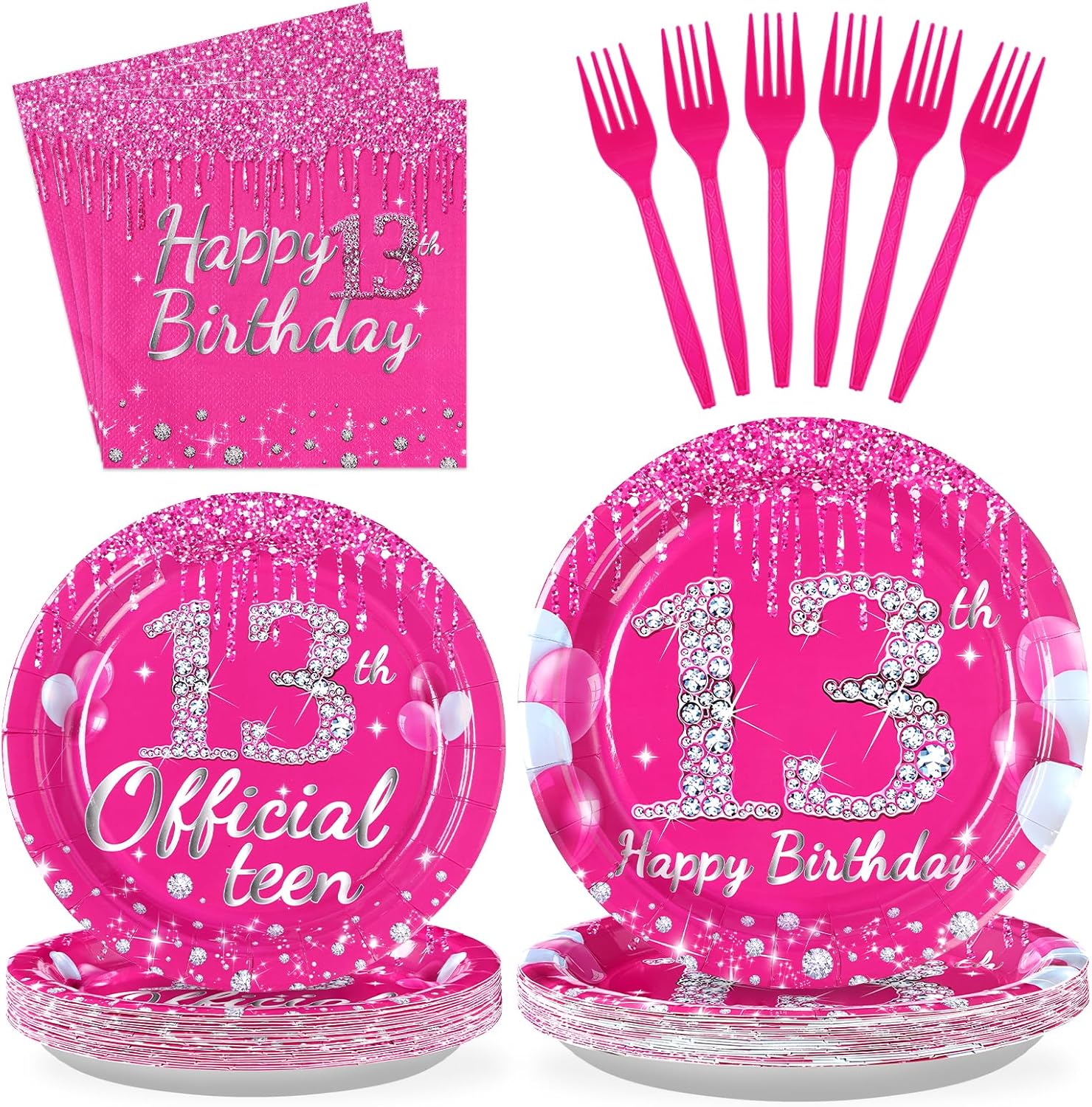 96 Pcs 13th Birthday Party Supplies Disposable Hot Pink 13 Plates and Napkins Tableware Set 13th Birthday Decorations for Girls Thirteen Official Teenager Happy 13 Years Old birthday Party Serves 24 Hot Pink 13th Kit