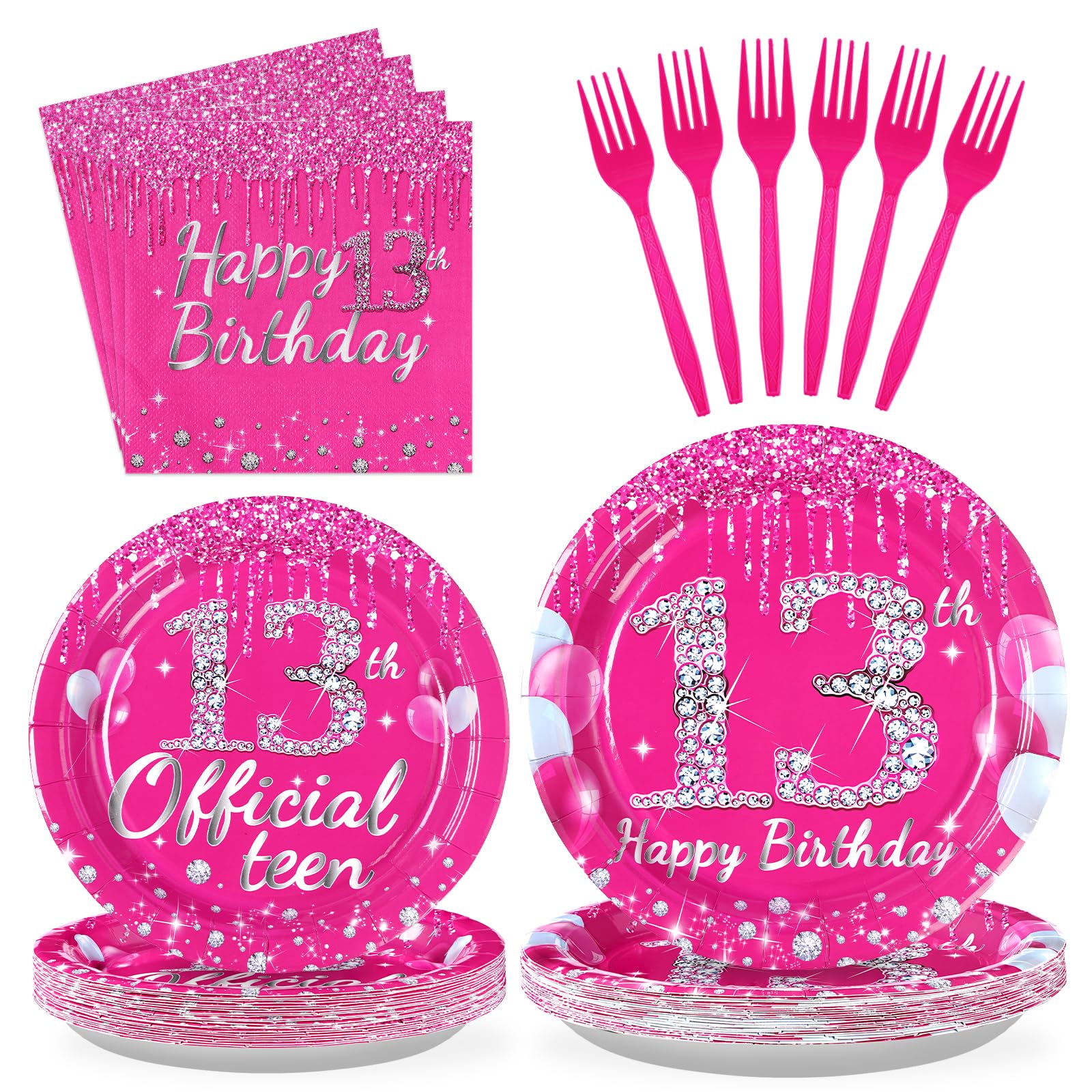 96 Pcs 13th Birthday Party Supplies Disposable Hot Pink 13 Plates and Napkins Tableware Set 13th Birthday Decorations for Girls Thirteen Official