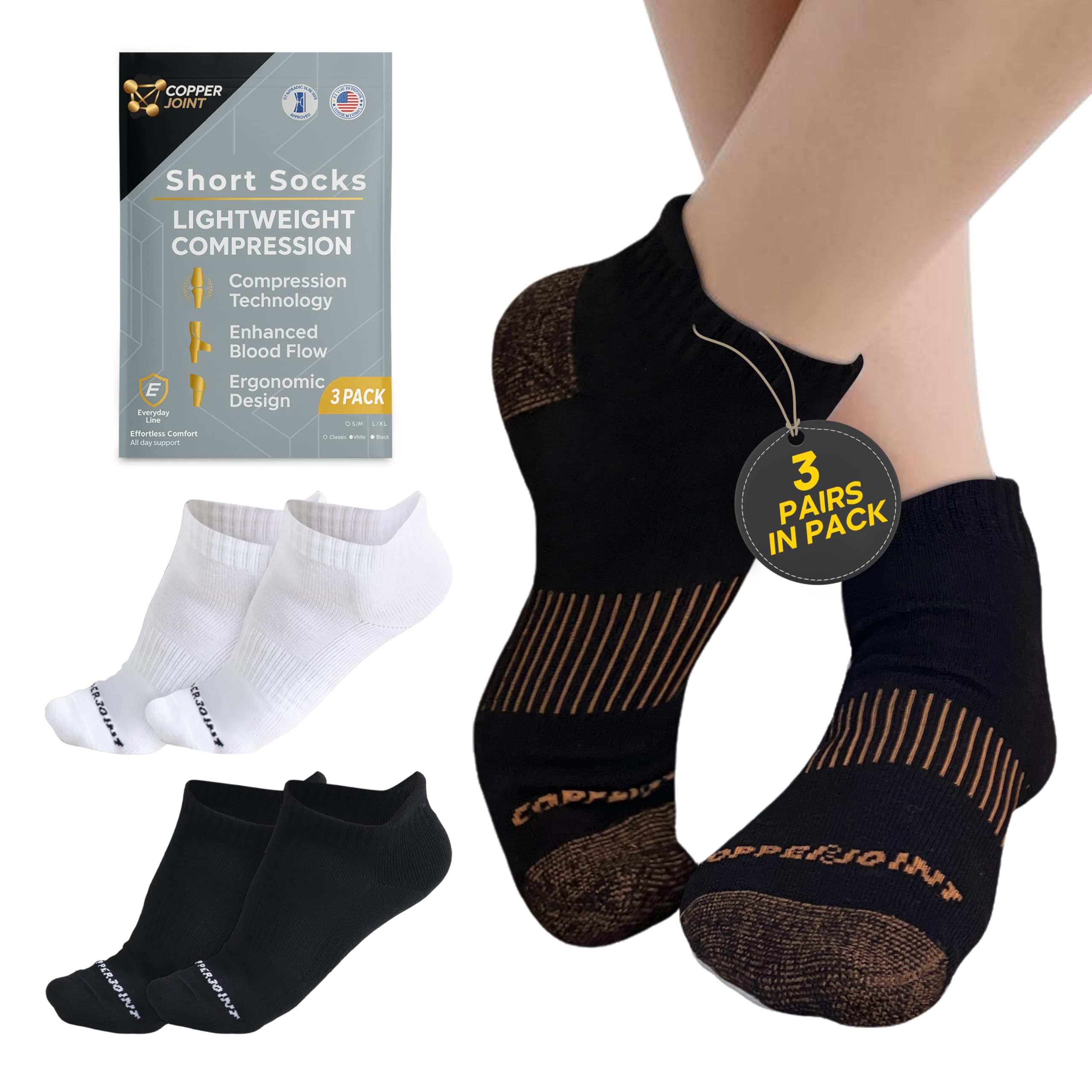 CopperJoint Compression Running Socks - Copper-Infused to Help Joint and Muscle Recovery, No-Show - Large-X Large, 3 Pack