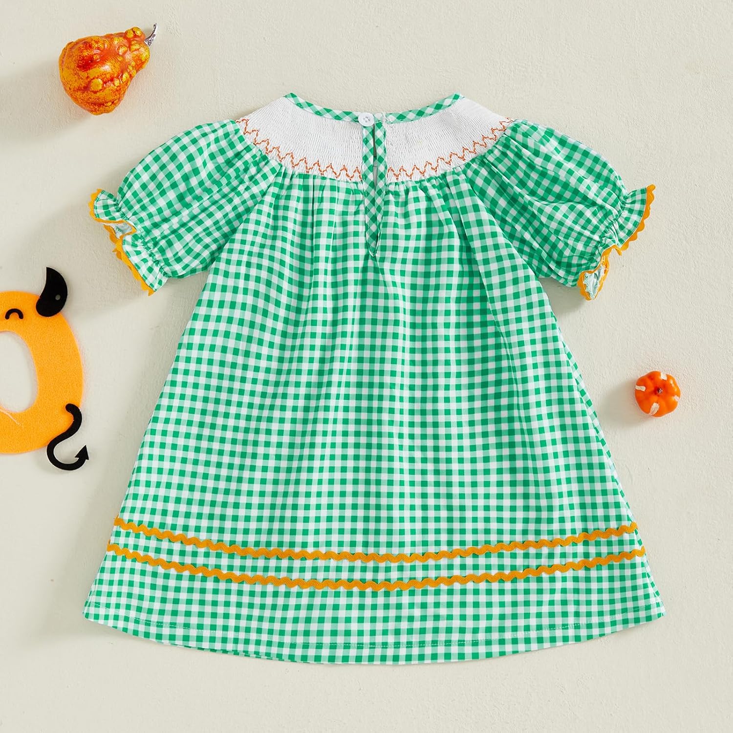 Toddler Baby Girl Halloween Clothes Pumpkin Embroidery Smocked Dress Plaid Puff Sleeve Princess Dresses Fall Outfit - Image 5
