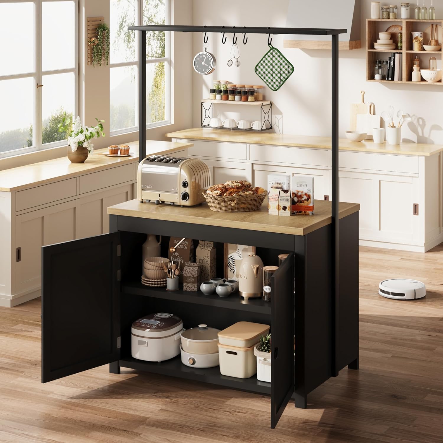42" Heavy-Duty Kitchen Island with 30mm Countertop - Multi-Functional Storage Cart with 3-Tier Shelves, 5 Hooks & 400lb Capacity (Black & Natural)