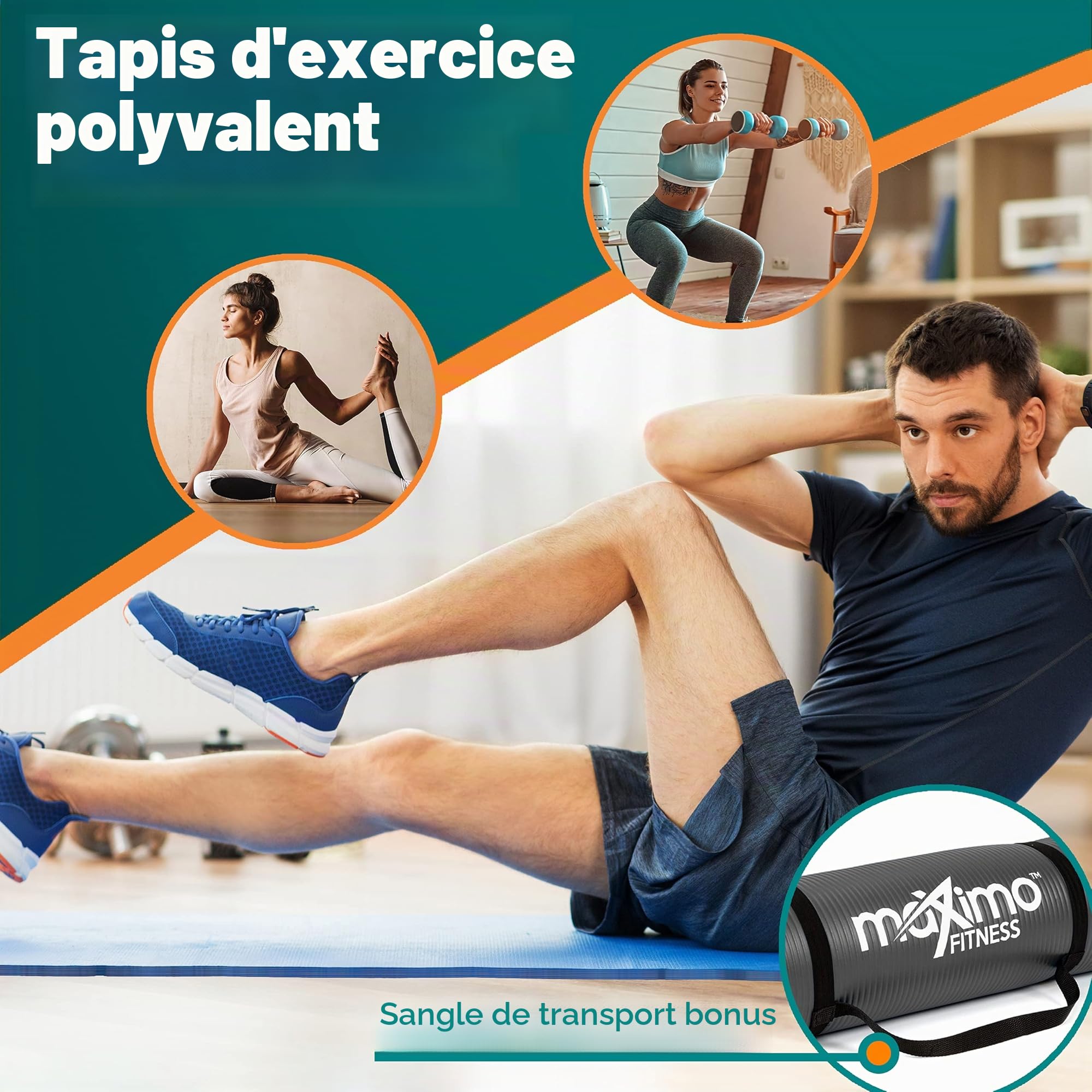 Maximo Fitness Tapis d'exercice physique NBR de haute qualité - Extra épais 12 mm, multi-usage - Parfait pour le yoga, le Pilates, les abdominaux.