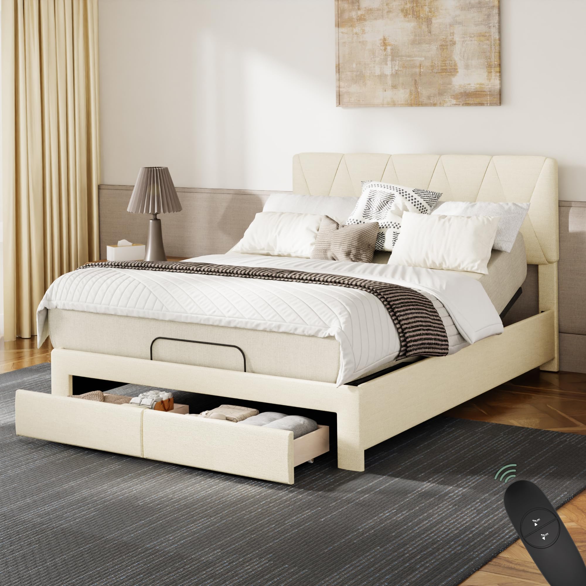 Softa Queen All-in-One Adjustable Bed Frame with 10" Hybrid Mattress, Upholstered Headboard, 2 Storage Drawers, Wired Remote, Quiet Motor, 10-Year Warranty