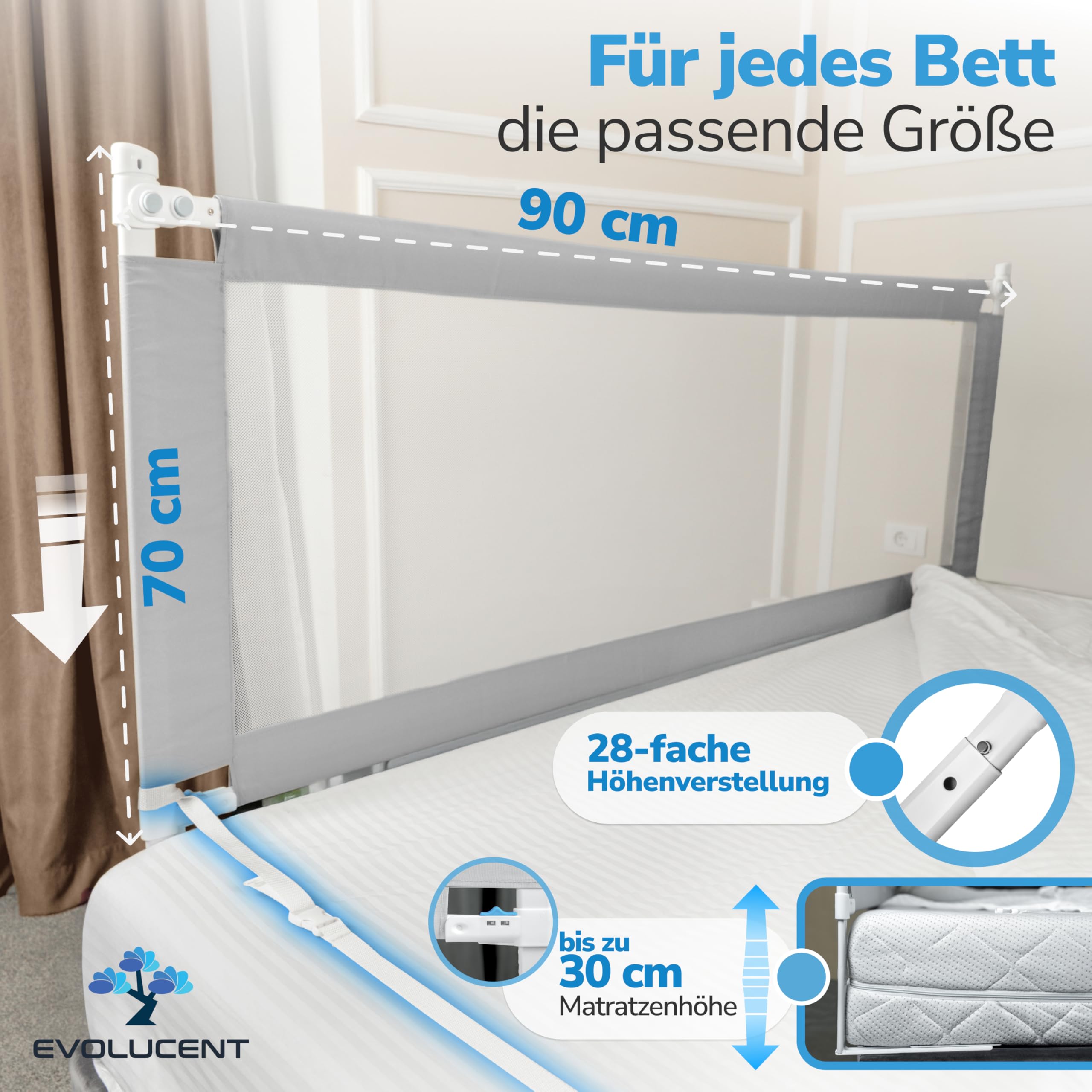 EVOLUCENT Sponda di protezione per letto da 90 cm, stabile senza viti, protezione anticaduta per letto a molle, lettino per bambini e letto dei genitori, con cinghie in e cinghie a scatto, rete