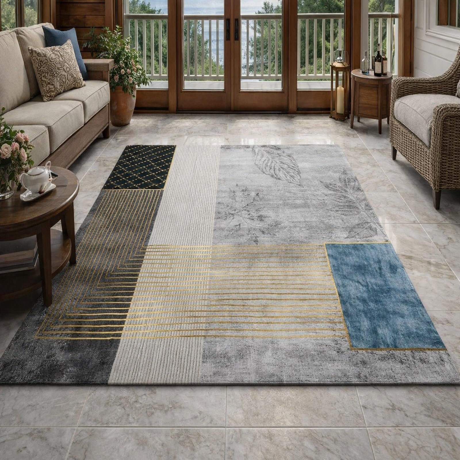 Tapis de sol intérieur extérieur bleu et gris pour sublimer votre terrasse ou cuisine