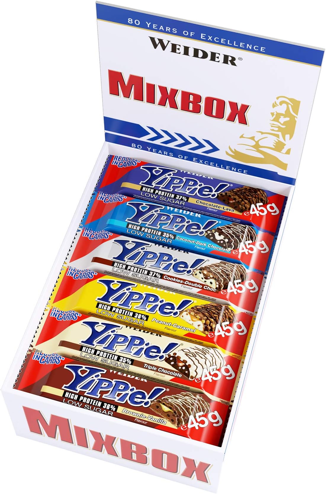 Weider Yippie! Protein Bar, Mix Box, 6 Delicious Flavors Europe's Favorite Protein Bar, Great Taste, Perfect Snack, 12 Pack, 45g