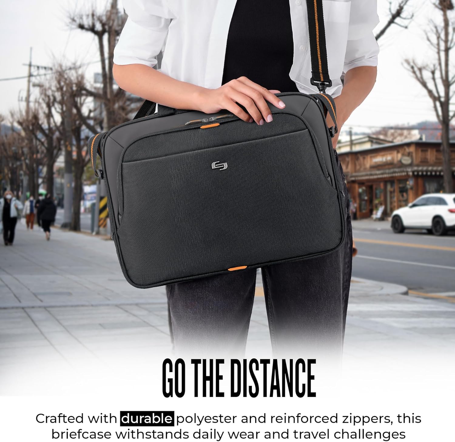 Solo New York Briefcase - 13.3" Laptop Carrying Bag for Women & Men, Brief for Travel & Work - Ace Slim, Black & Orange